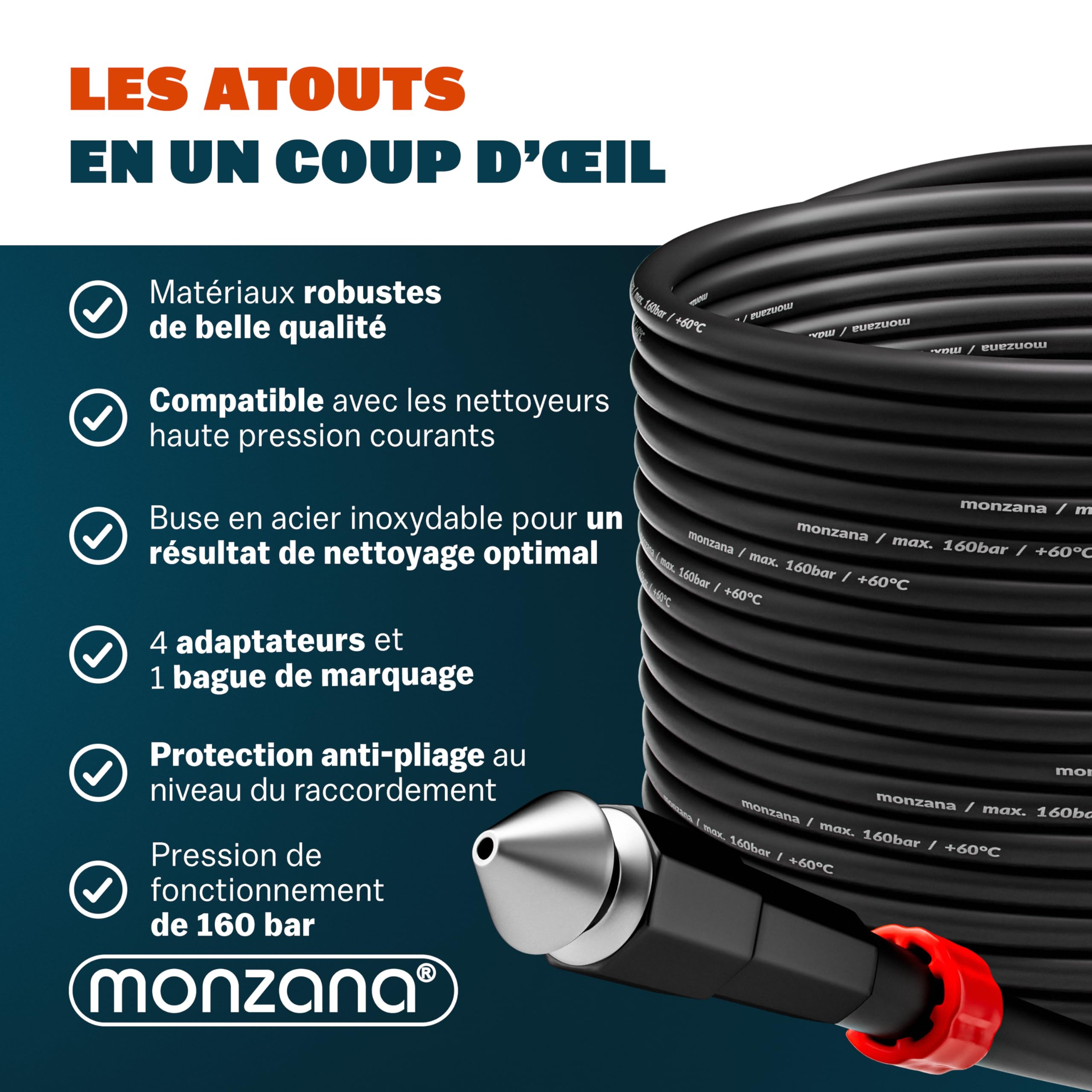 DEUBA Tuyau Déboucheur Canalisation 15m - Nettoyeur Haute Pression 160 Bar avec 4 Adaptateurs - Compatible Karcher K2 K3 K4 K5 K6 K7 - Furet Déboucheur Canalisation