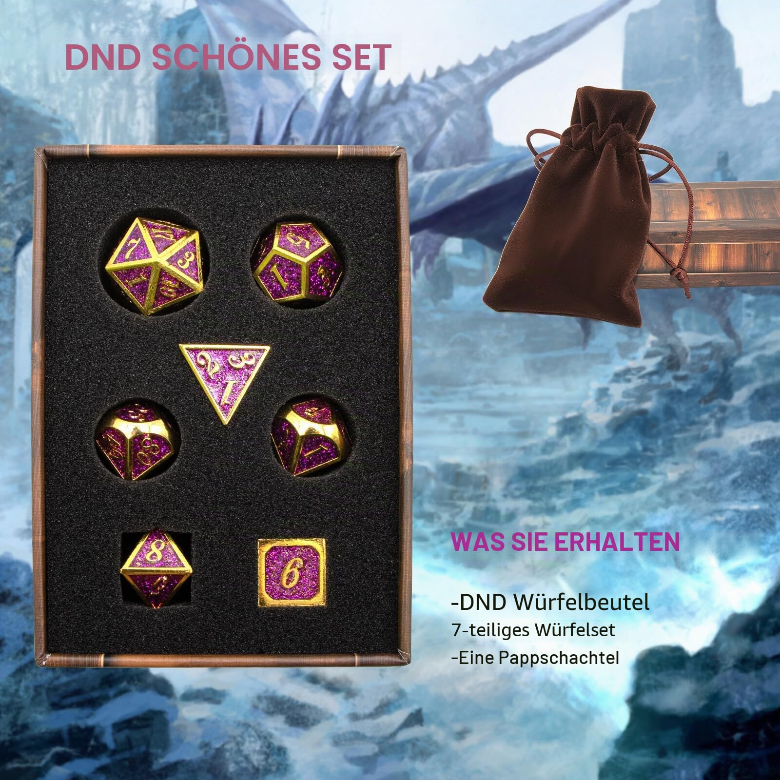 Polyedrische D&D-Würfel aus Metall für Dungeons and Dragons RPG DND-Würfel für Rollenspiele, MTG, Tisch, Gaming, Shadowrun Pathfinder, 7 Stück, D20, D12, D10, D8, D6, D4 (Gold Glitter Purple)