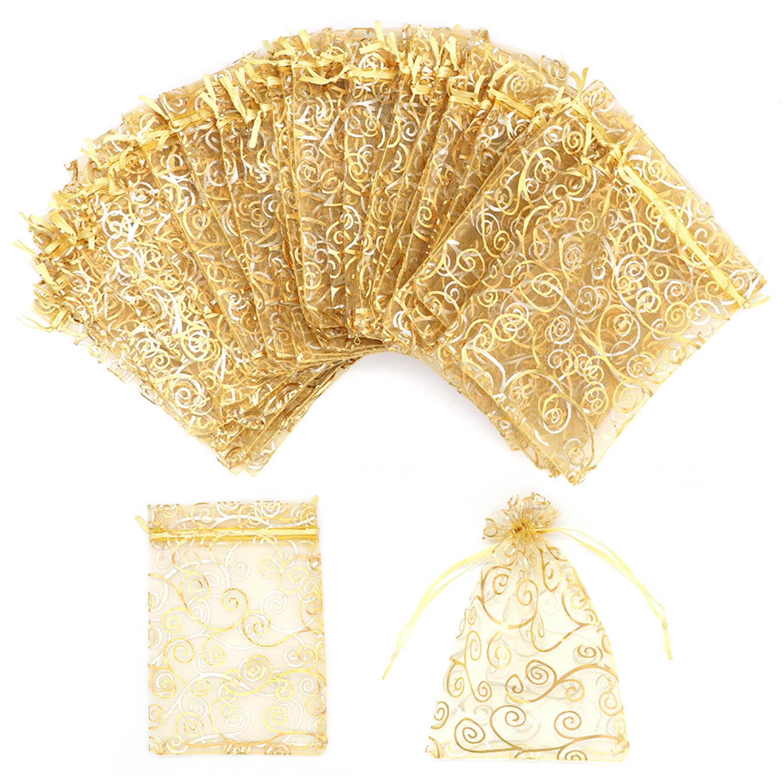 Staruby 100pcs Organza Gift Bags, 10x15cm Sheer Organza Bag Mesh Favor Bags Drawstring Jewelry Rattan Printed Gift Pouches for Wedding Party Favors Baby Shower Christmas Gifts Candy
