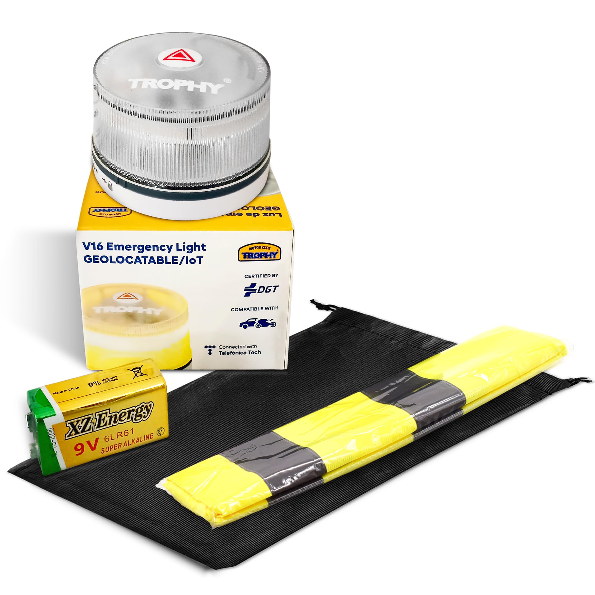 Pack 2 Baliza V16 Homologada DGT 3.0 con Geolocalización + Chaleco + Bolsa | Kit Emergencia Coche | Luz LED 360° 1 km | Pila 9V | DGT 2026–2038 Sin Suscripción