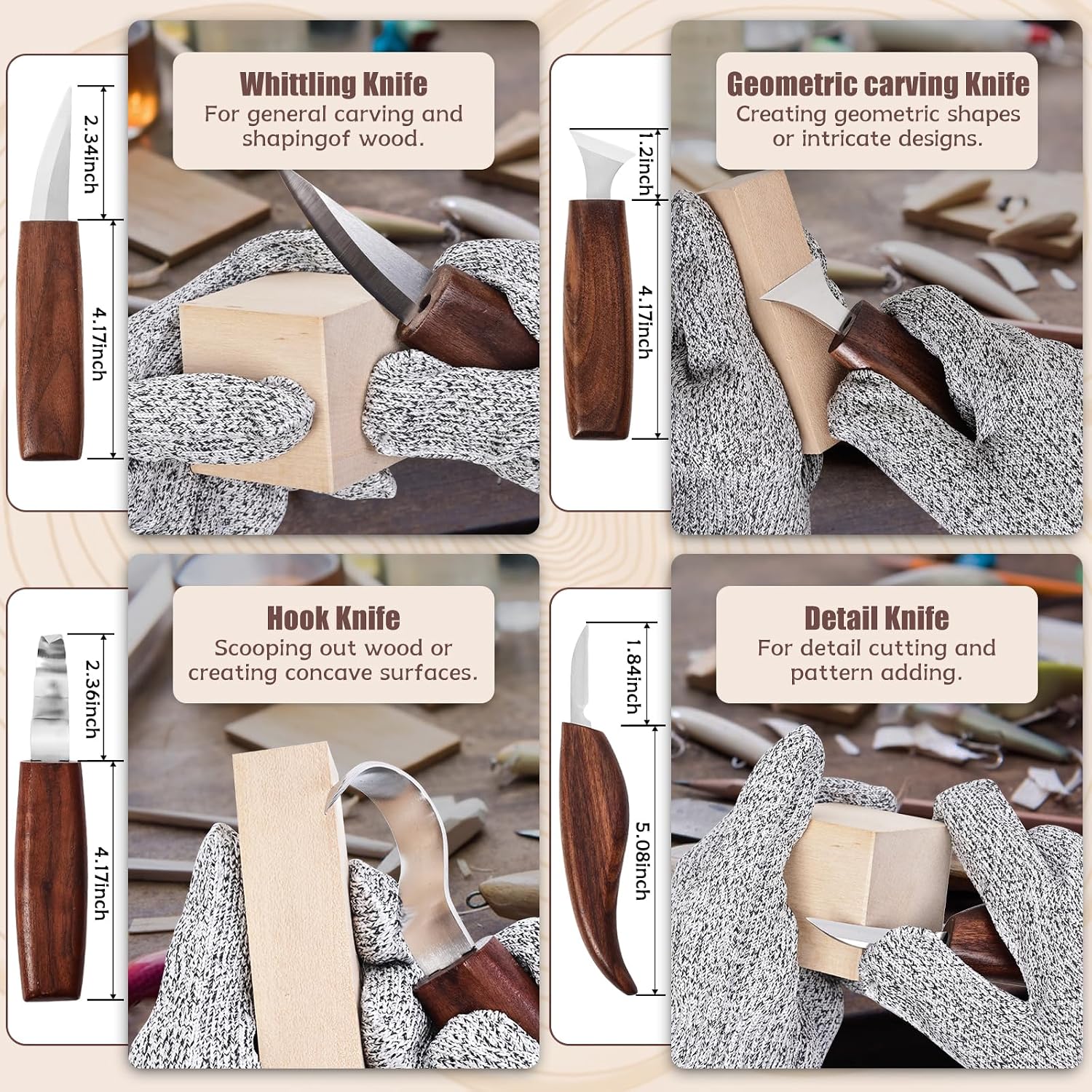 Wood Carving Kit, 4PCS Wood Carving Knives & 5PCS Detail Knives, 9 Basswood Blocks, 1 Pair Gloves, Roll Bag, Strop Block, Polishing Compound Whittling Kit Hobbies for Adults