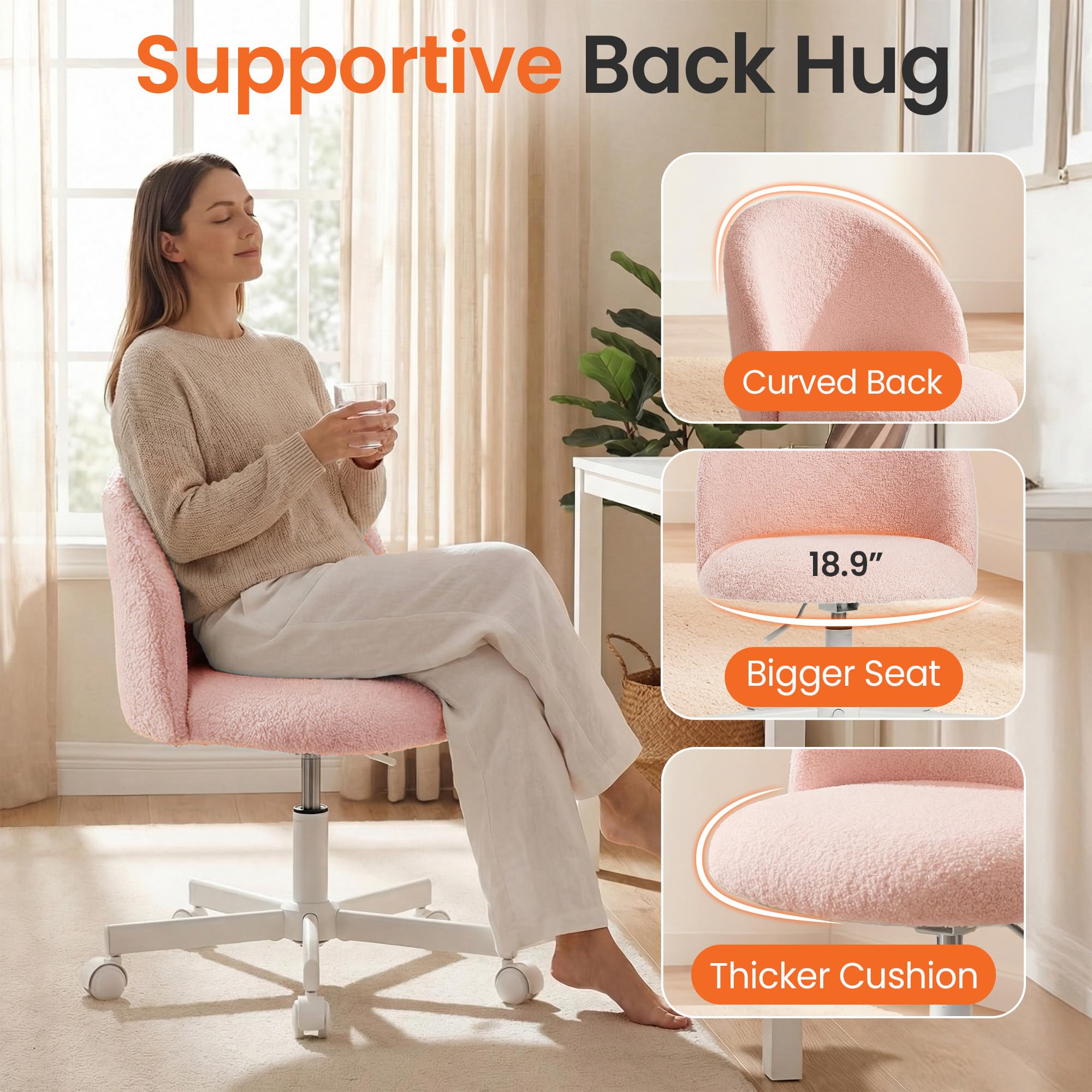 NEO CHAIR Office Vanity Chair with Wheels Comfy Desk Chair for Girls Cute Computer Small Armless Adjustable Height Swivel for Home Bedroom Task (Pink) - 4