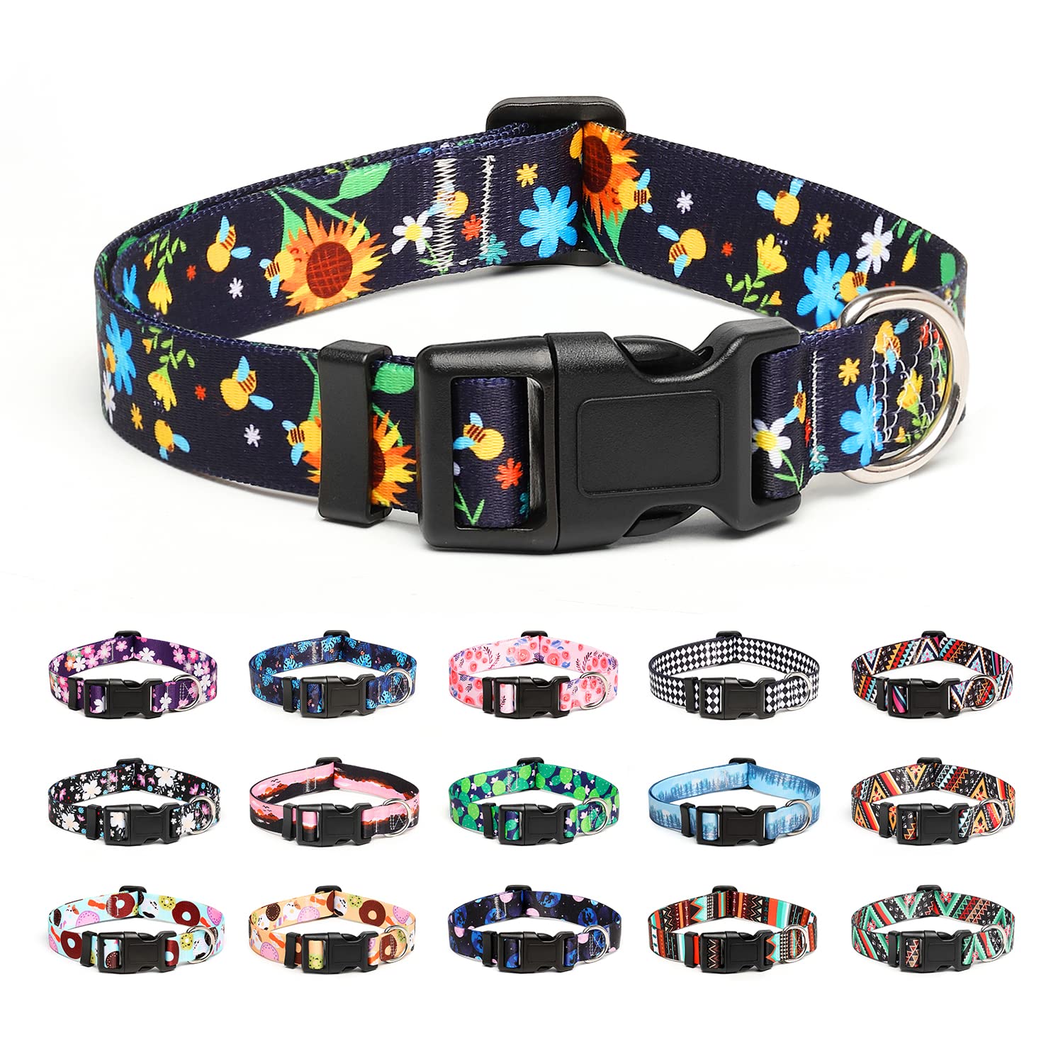 Mercano Adjustable Dog Collar - Special Design Patterns, Soft Nylon Comfortable Durable Pet Collar for Small Medium Large Dogs (M, Sunflower)