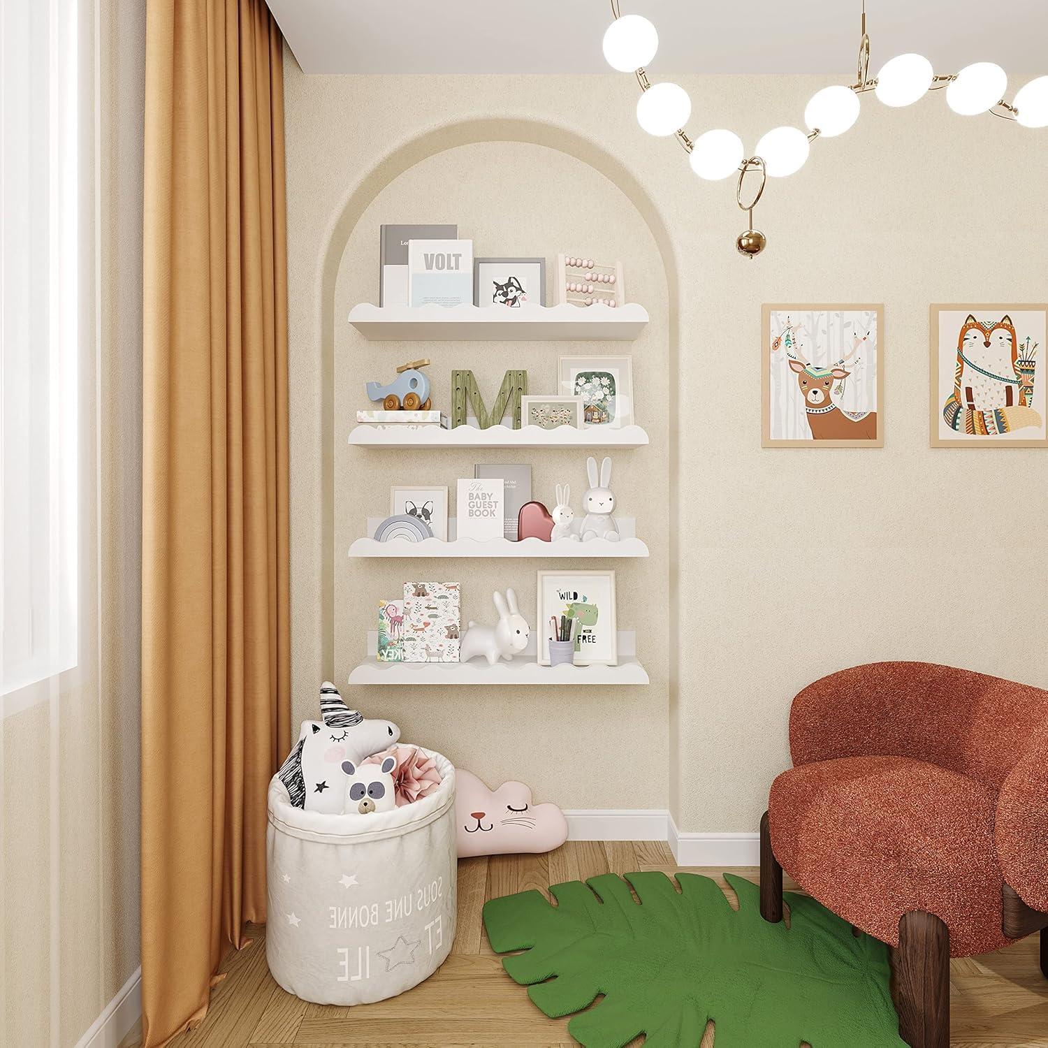 Wandregal Kinderzimmer, 60cm, Massivholz, für Bücher, Spielzeug, Dekoration, Wand-Bücherregal, Hängeregal, Weiß, 4er-Set