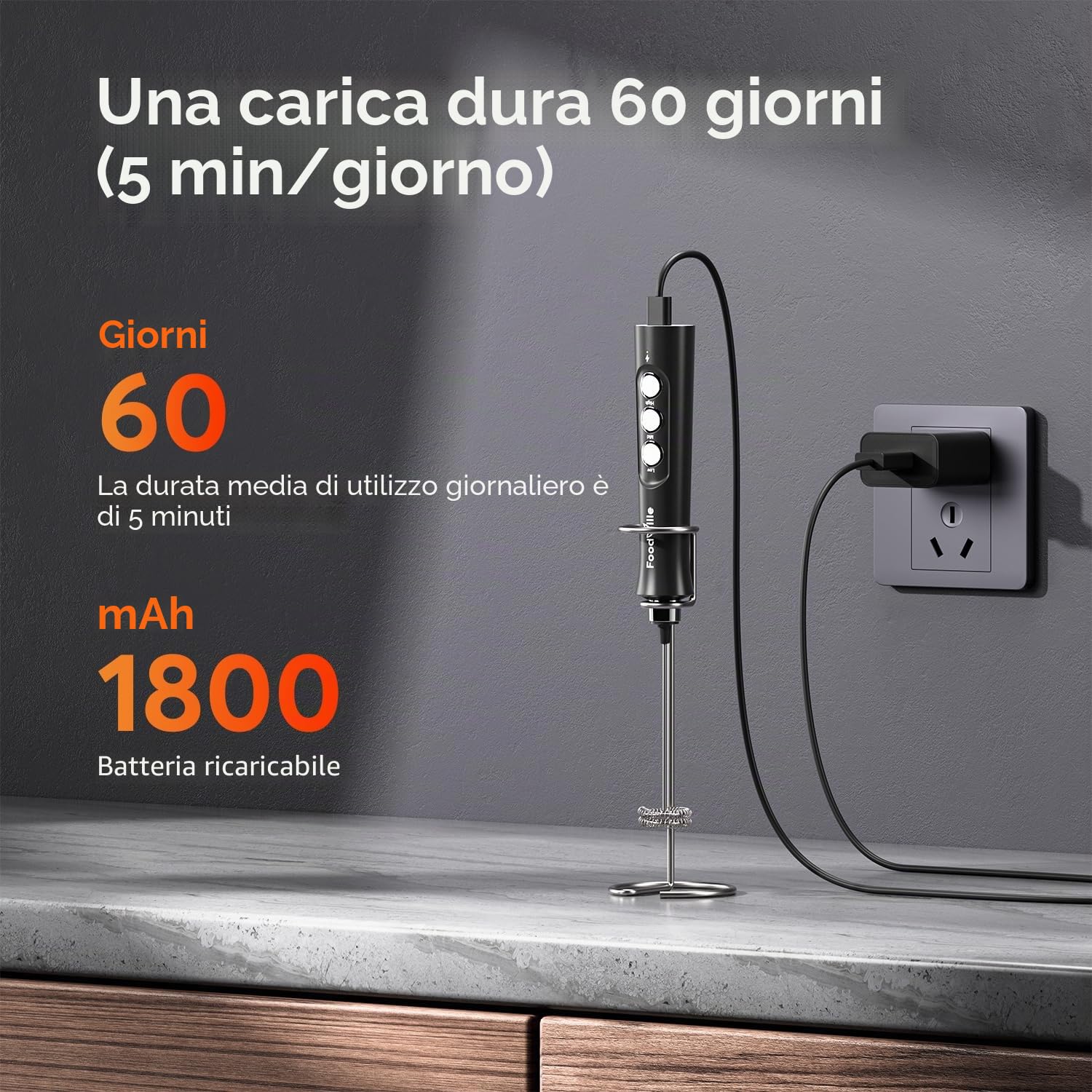 FoodVille MF02 Montalatte Elettrico USB Ricaricabile con Frusta Inossidabile per Cappuccino, Latte, Bulletproof Coffee, Dieta Cheto, Proteine in Polvere, Matcha