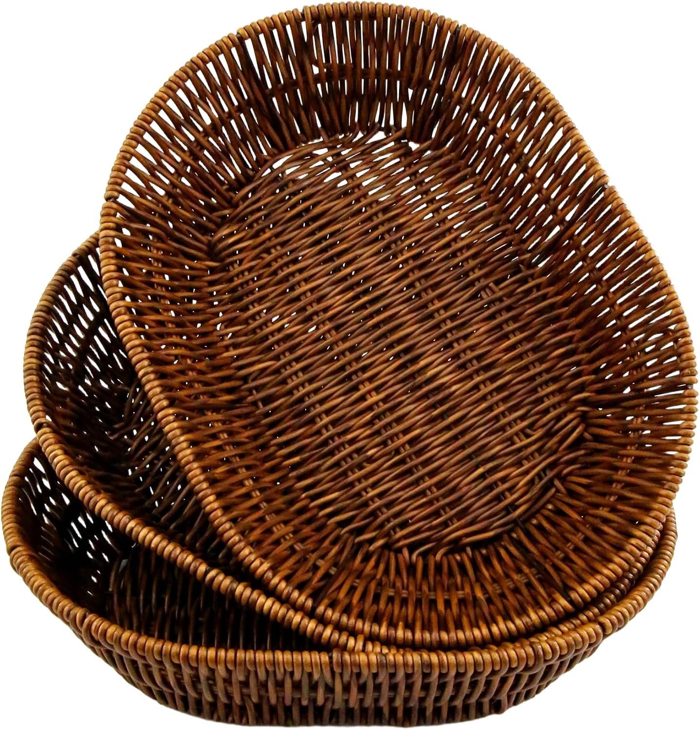 3 Pack Wicker Bread Basket, 11 Inch Oval Woven Serving Baskets, Stackable Kitchen Storage Organizer for Pantry, Bakery, Restaurant, Home Use with Natural Brown Finish