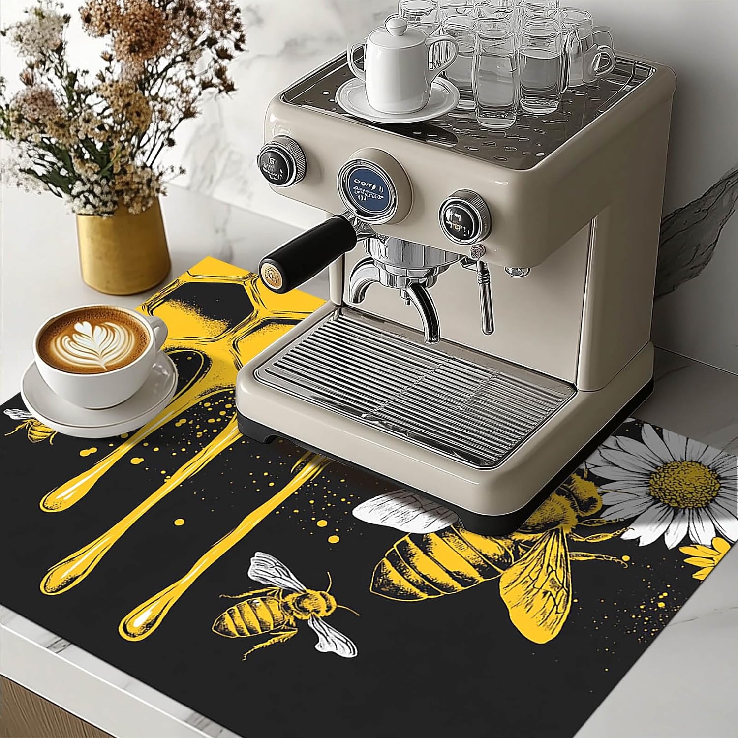 HOMETITUTE Honey Bee Stove Top Cover for Electric 28x20 Inch Diatomite Kitchen Decor Glass Cooktop Protector Heat Resistant Countertop Mat with Honeycomb and Daisy Floral Design