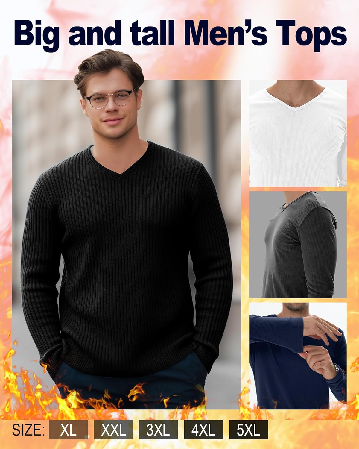4 Pack Men's Big and Tall Long Sleeve Thermal T-Shirt, Cotton Slim Fit V Neck Ribbed Underwear Base Layer Top - Image 3