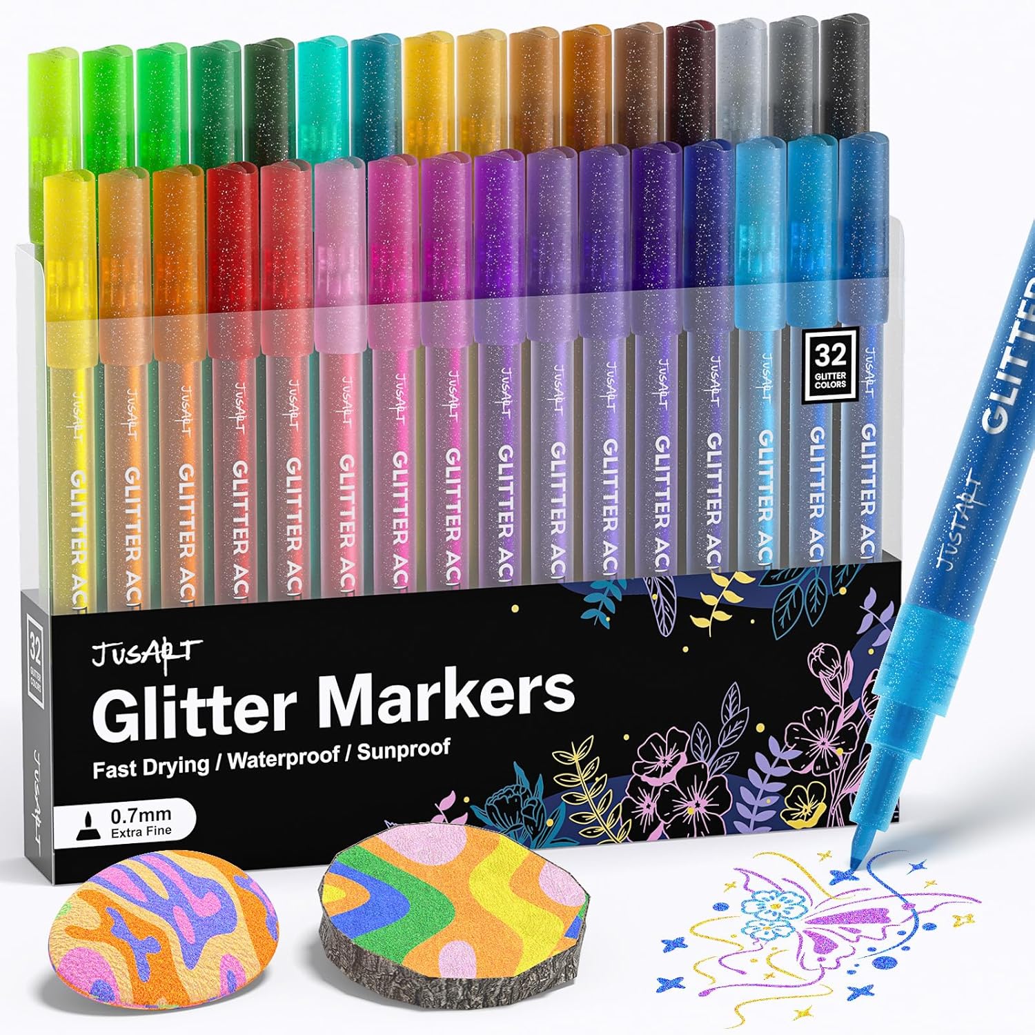JusArt 32 Colors Glitter Markers, Glitter Paint Pens Sparkly and Shiny for DIY Card Making, Coloring, Scrapbooking, Glass, Wood, Stone, Fabric, Rock - 0.7mm Extra Fine Acrylic Paint Markers