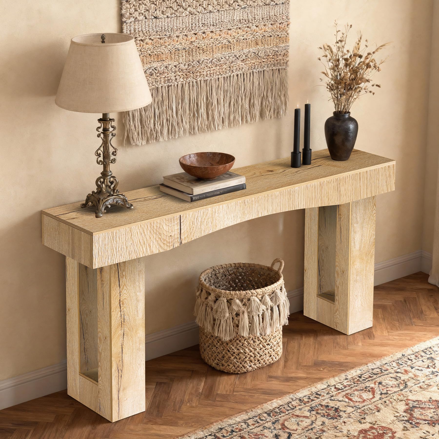 63 Inch Long Entryway Table Hollow, Wooden Console Table with Socket Farmhouse Sofa Table for Entrance, Hallway, Living Room,Behind Couch（Natural Brown）