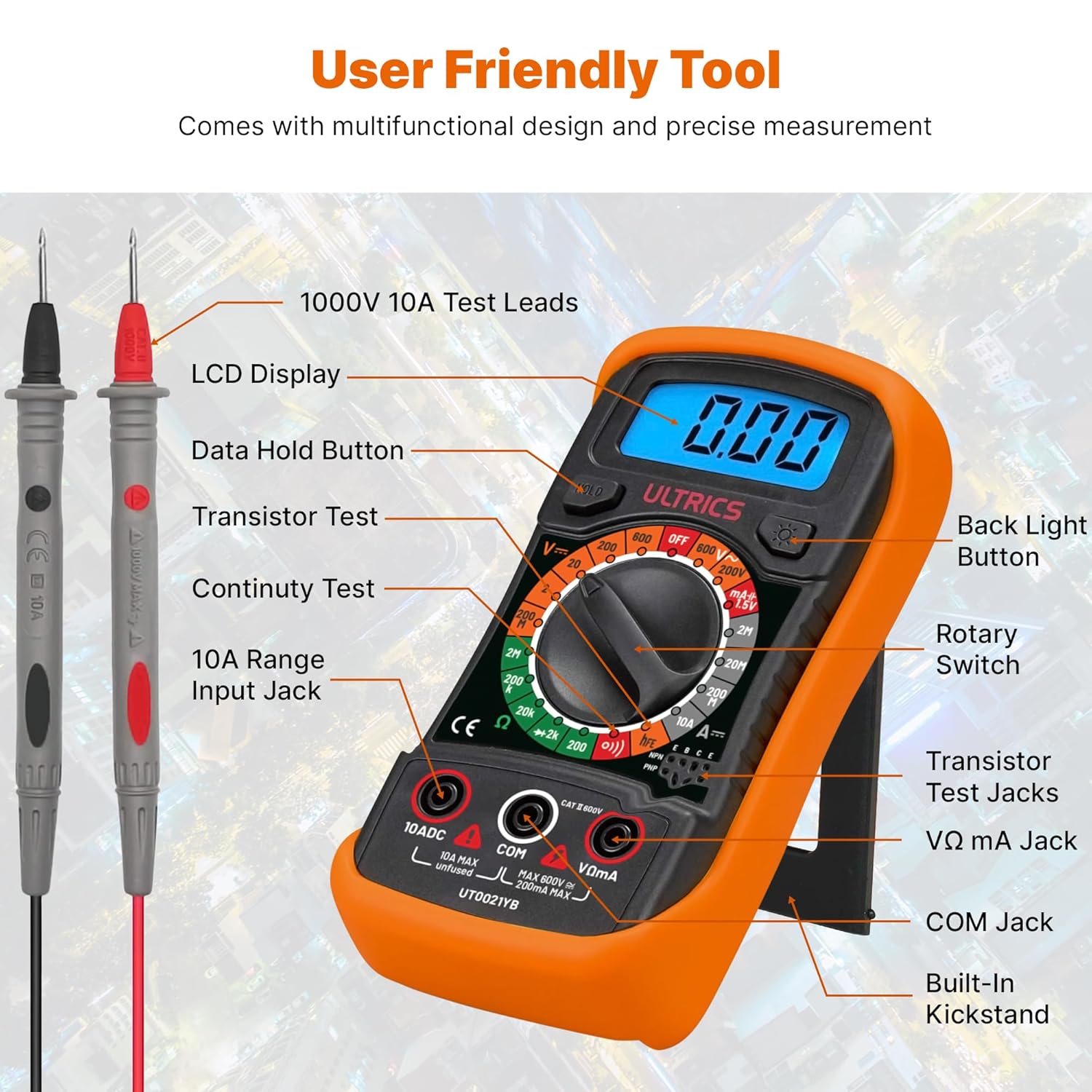 ULTRICS Digital Multimeter, Voltmeter Ammeter Ohmmeter Circuit Checker with Backlight LCD Test Leads, Portable Multi Tester Measures OHM AC DC Voltage Current Resistance Continuity Diodes Transistor