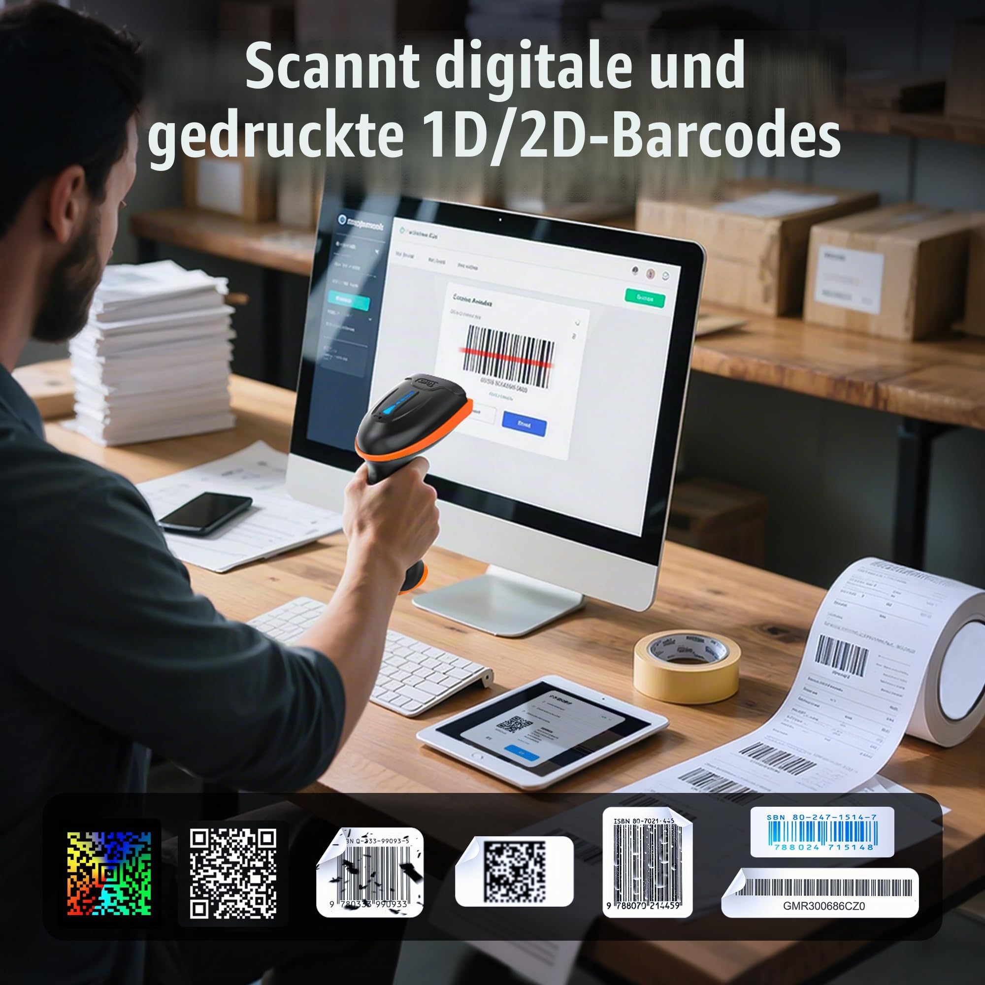 Tera Barcode Scanner 1D 2D QR Wireless Kabellos 2,4 GHz + Wired USB 2,0 Kabelgebunden Handscanner Barcodelesegerät mit Ständer Halterung 5 Mil Auflösung 100m Reichweite, D5100