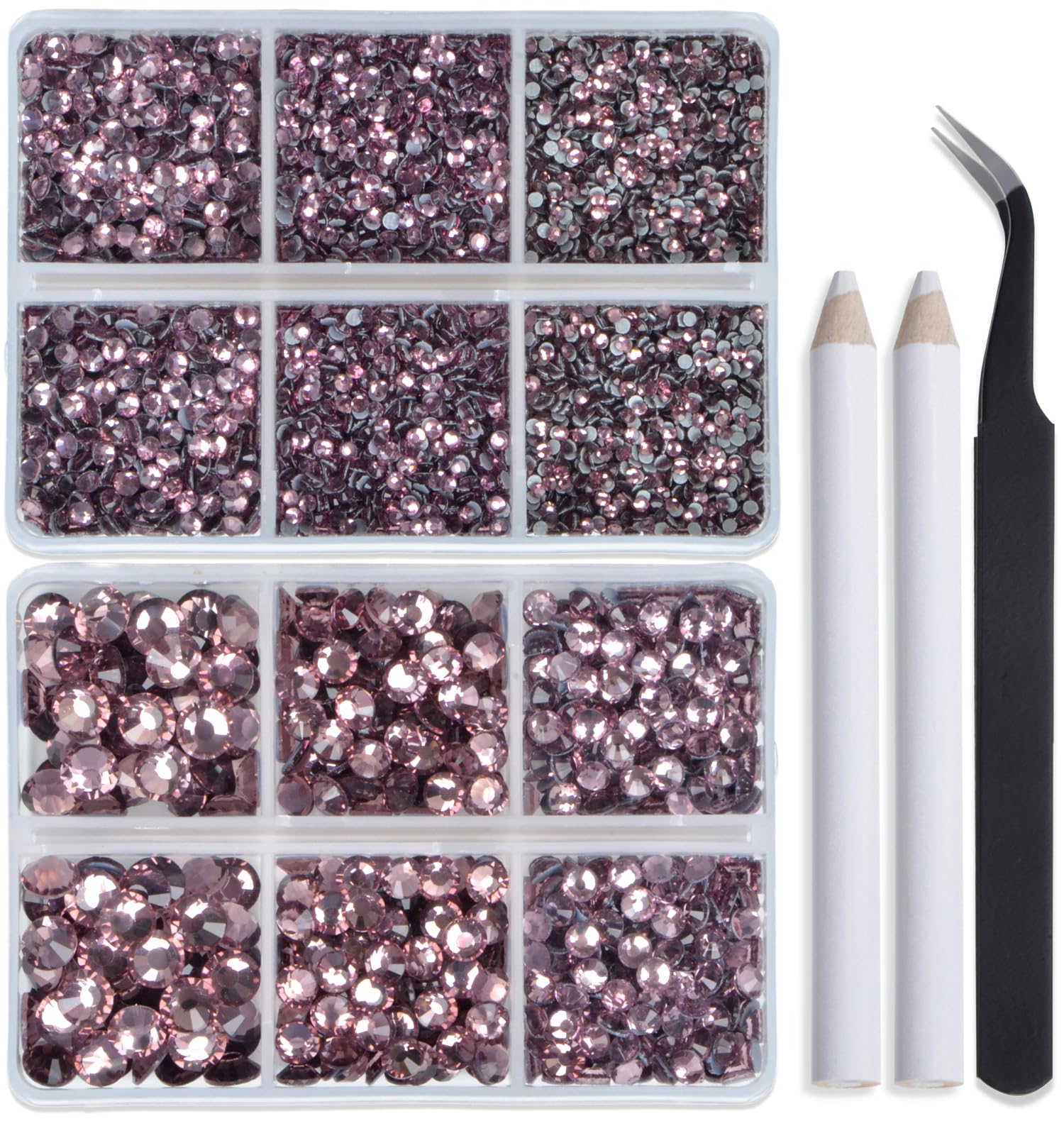 Bymitel Hotfix Crystal Rhinestones Round Gems for Crafts,Mixed 6 Sizes with Wax Pencil Kit, Lt. Amethyst 1.6-6.3mm SS4-SS30/8000pcs