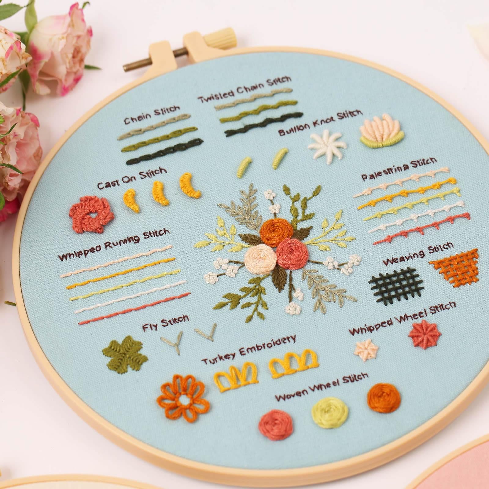 QEEYON Kit de Démarrage de Broderie, 3 Pcs Fils à Broder, 30 Points Différents, pour Adultes, Aiguilles de Fils de Couleur, Cerceaux