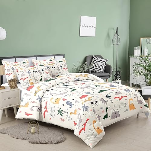 Miniatura 7 de NINENINE Juego de edredón tamaño Queen para niñas, juegos de edredón de dinosaurio para niños y niñas, ropa de cama tamaño Queen colorido arcoíris