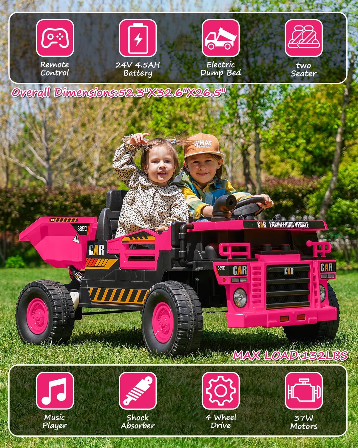 24V 2 Seat Ride on Dump Truck, 20in Ride on Toys for Big Kids - Ride on Toys with Remote Control, Construction Vehicles and Electric Dump Bed/Shovel, with Music,Key Start for Safety,Rose