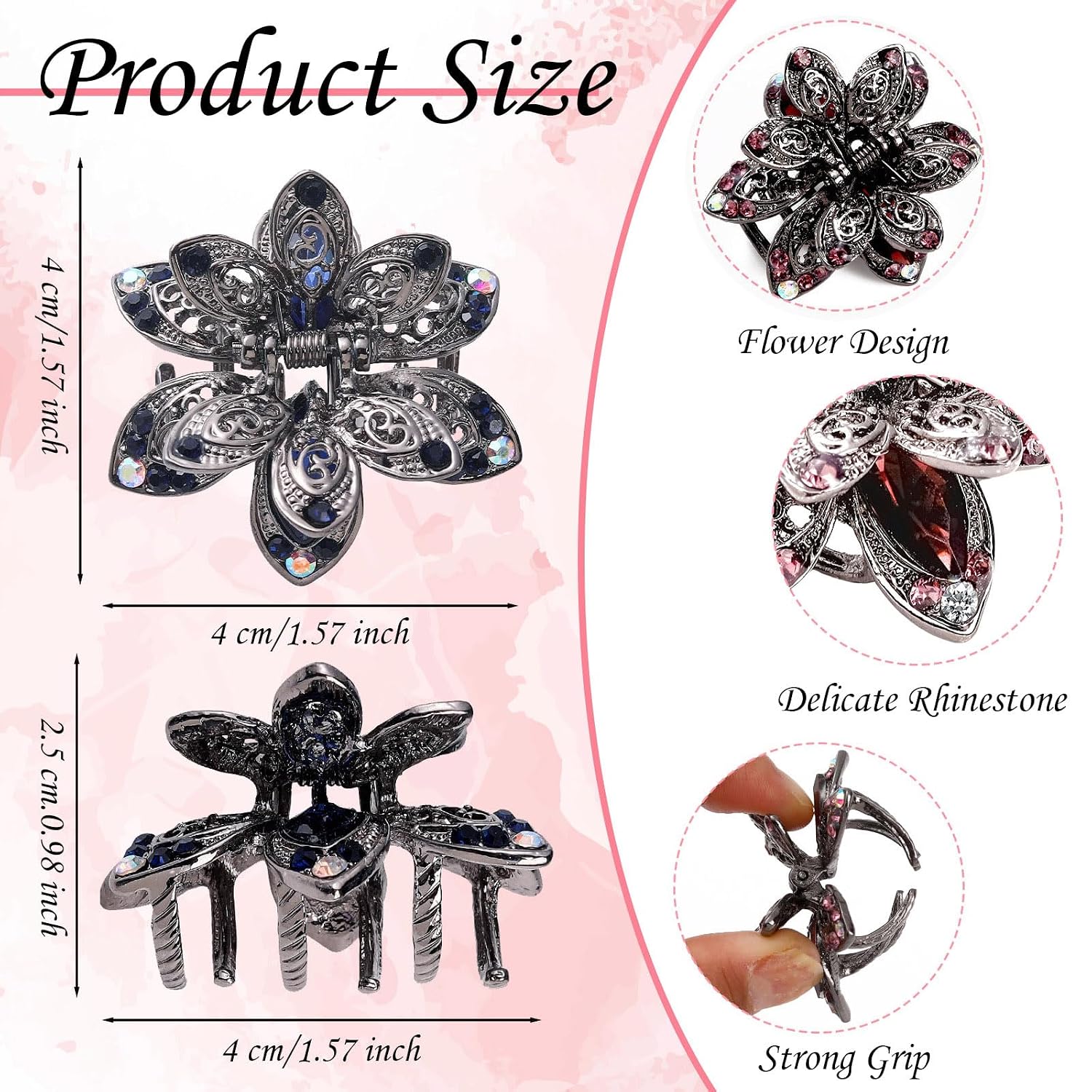TXIN 3 Pieces Rhinestone Hair Claw Clips Vintage Floral Metal Hair Jaws Retro Decorative Small Hair Barrettes Sparkling Crystal Hair Clamps Pins for Women Girls Hair Styling Accessories (Gray)