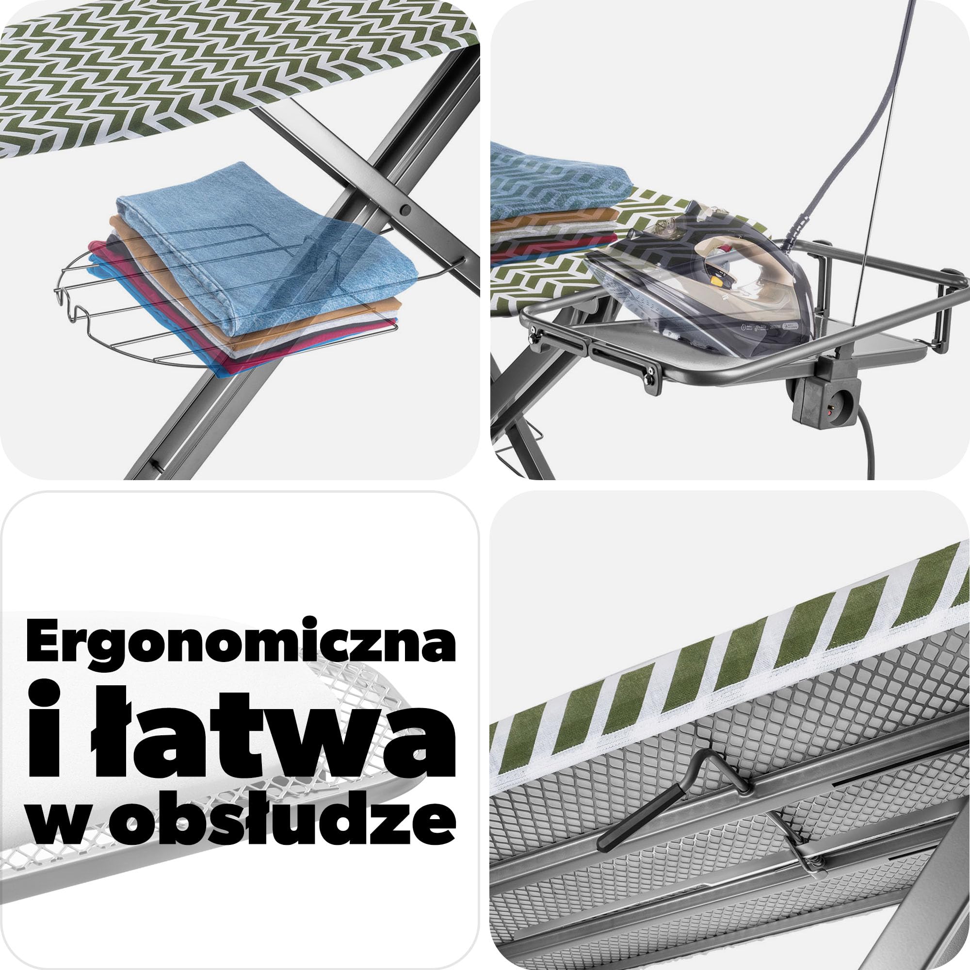 Kadax Składana deska do prasowania z wtyczką, regulacją wysokości, zdejmowanym pokrowcem, rękawem do prasowania oraz uchwytem na żelazko i wspornikiem na kabel (zielona)