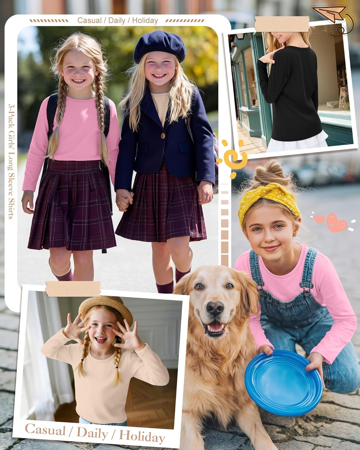 3 Pack Girls' Long Sleeve Shirts Kids Soft Crew Neck T-Shirts Toddler Basic Loose Fit Layering Casual Tops 2T-14Y - Image 5