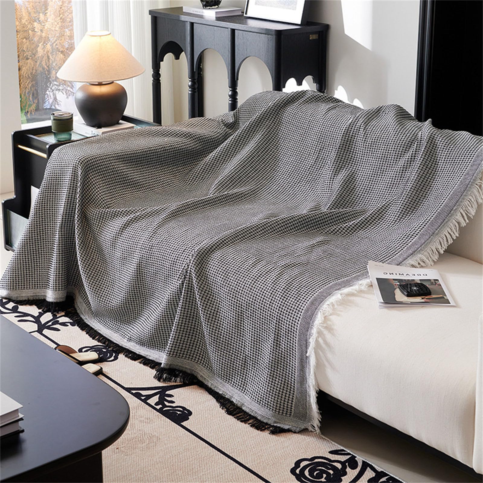 Housse de canapé réversible à carreaux avec pompons - Douce - 90 x 90 cm - Pour canapé 1 ou 4 places - Noir - Parfaite pour décoration d'intérieur