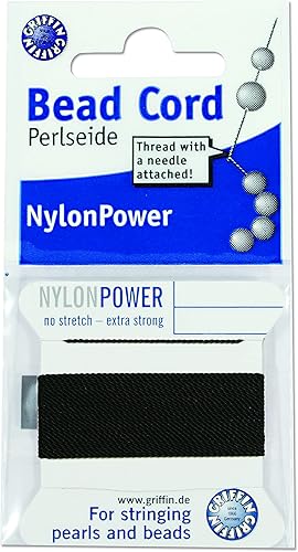 Griffin Cordón de nailon Perlseide  Color negro  Tamaño 5 (0.026 in)  6.6 ft por tarjeta  Aguja de acero inoxidable adjunta  para anudar perlas,