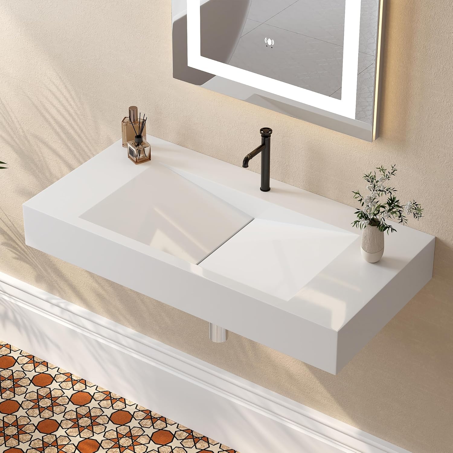 35'' Vessel Sink Wall-Mount Bathroom Sink V-Shaped Floating Sink Stone Resin in Matte White