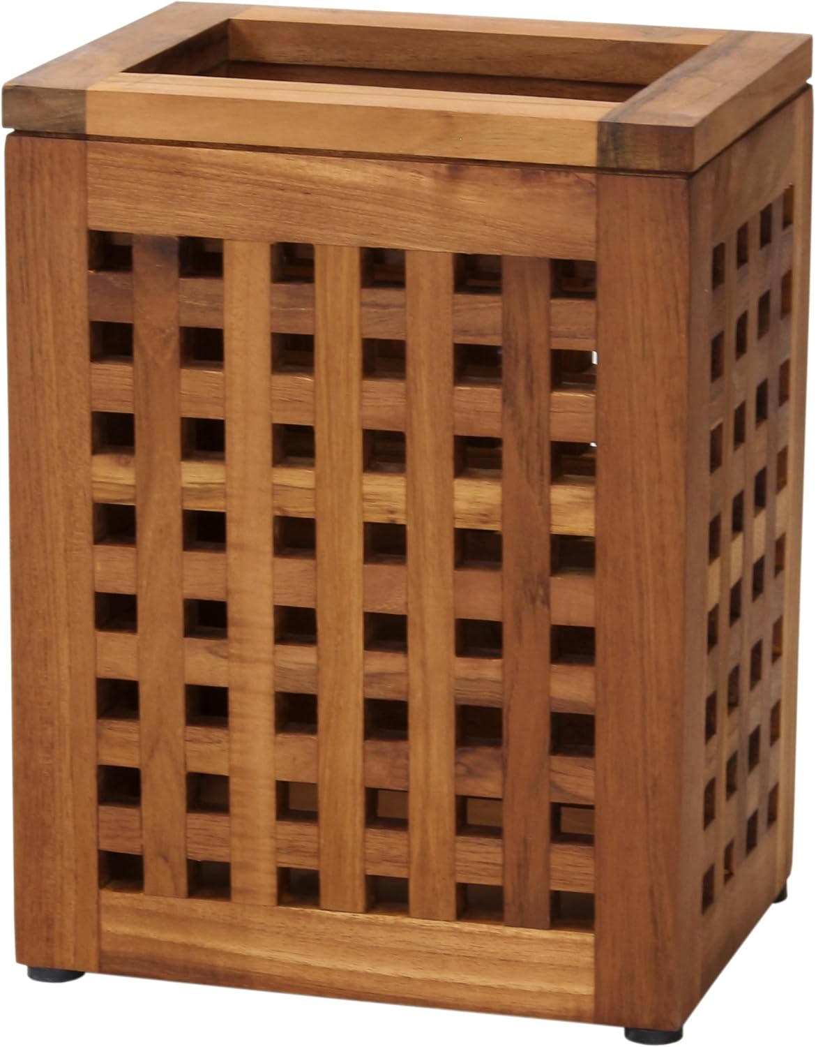 Teak Wood Lattice Waste Basket with Rubber Feet