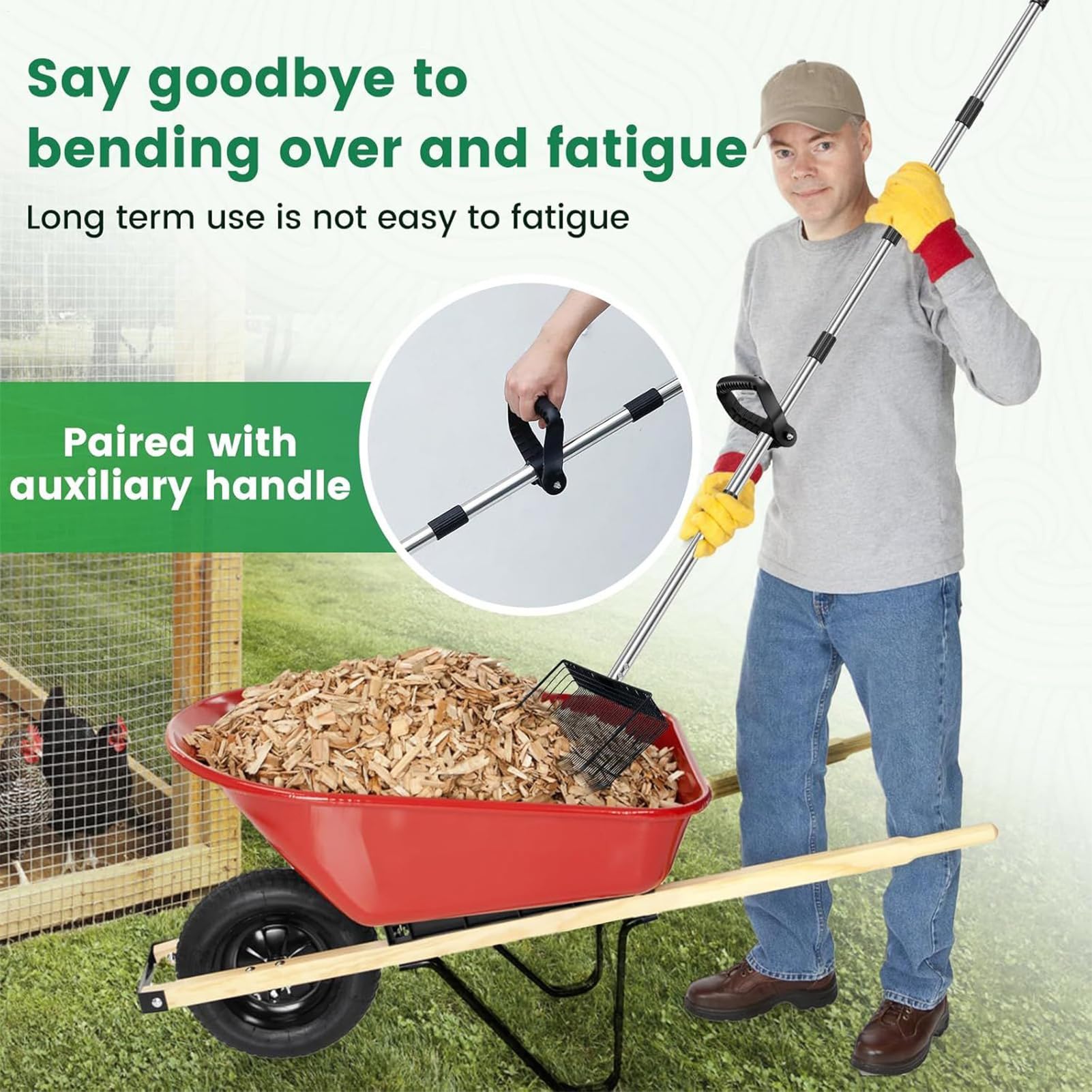 Pala para excrementos de pollo, pala larga para basura, robusta pala de establo con mango telescópico para exteriores, jardín, pollos, perros, aves de corral, gatos
