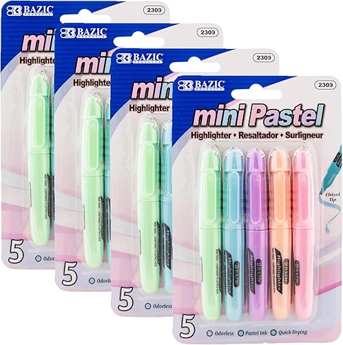 BAZIC Mini resaltador de color pastel punta de cincel resaltadores de línea fina ancha sin perfume paquete de 5 4 paquetes