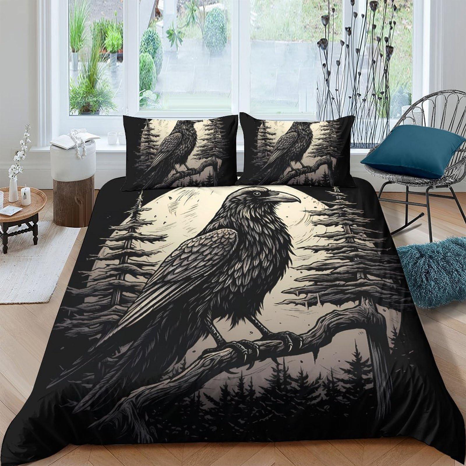 Ctjqhvkz Style-10 3D Printed Gothic Raven Fitted Sheet Microfiber Soft Black Forest Mattress Cover Bedroom Decor Single（135X200cm）
