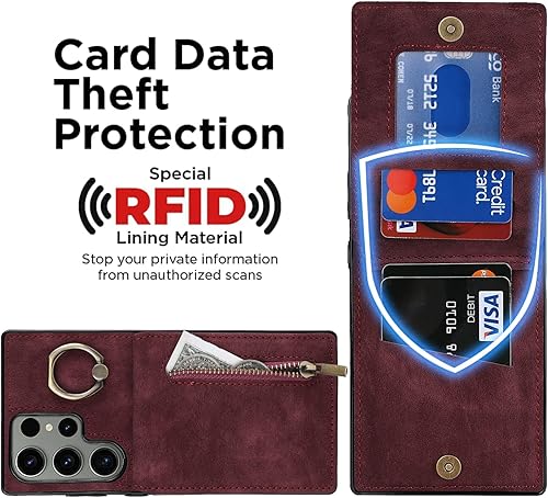 Miniatura 3 de Miimall Funda para Samsung Galaxy S23 Ultra con tarjetero, piel sintética Galaxy S23 Ultra con soporte de anillo, funda magnética Flip S23 Ultra,