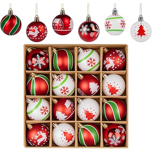 Christmas Ornaments Set of 16,Red Green White 2.36 Inch Glitter Shatterproof Plastic Chrsitmas Ball Ornaments for Christmas Tree Decorations,Hanging Baubles Decorative for Xmas Tree Party Home Decor