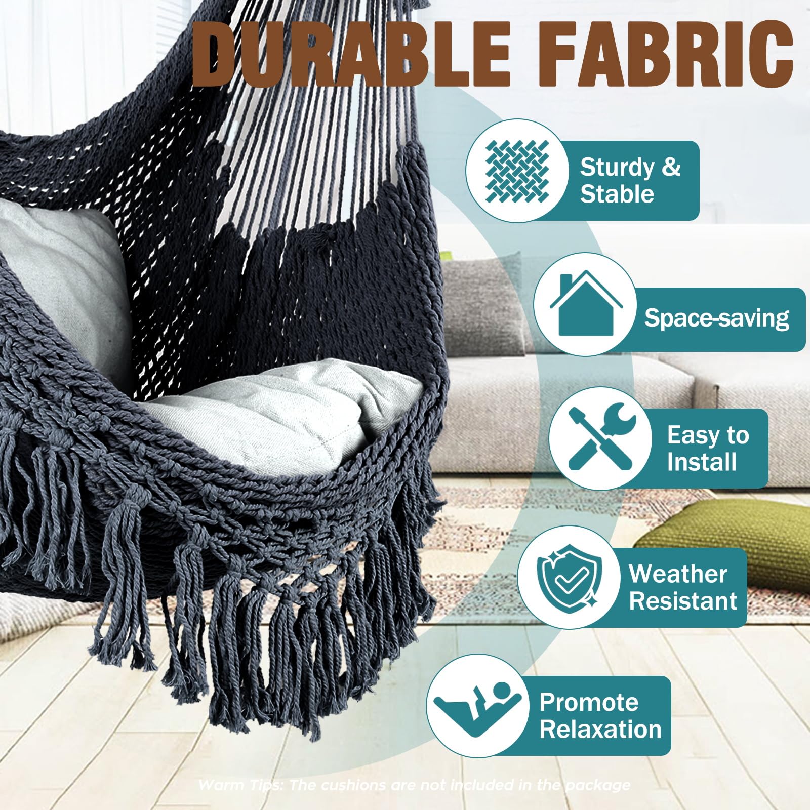 Sedia Amaca Appesa - Sedia A Rete In Cotone Con Barra Metallica, Per Interni Ed Esterni - Foto 6