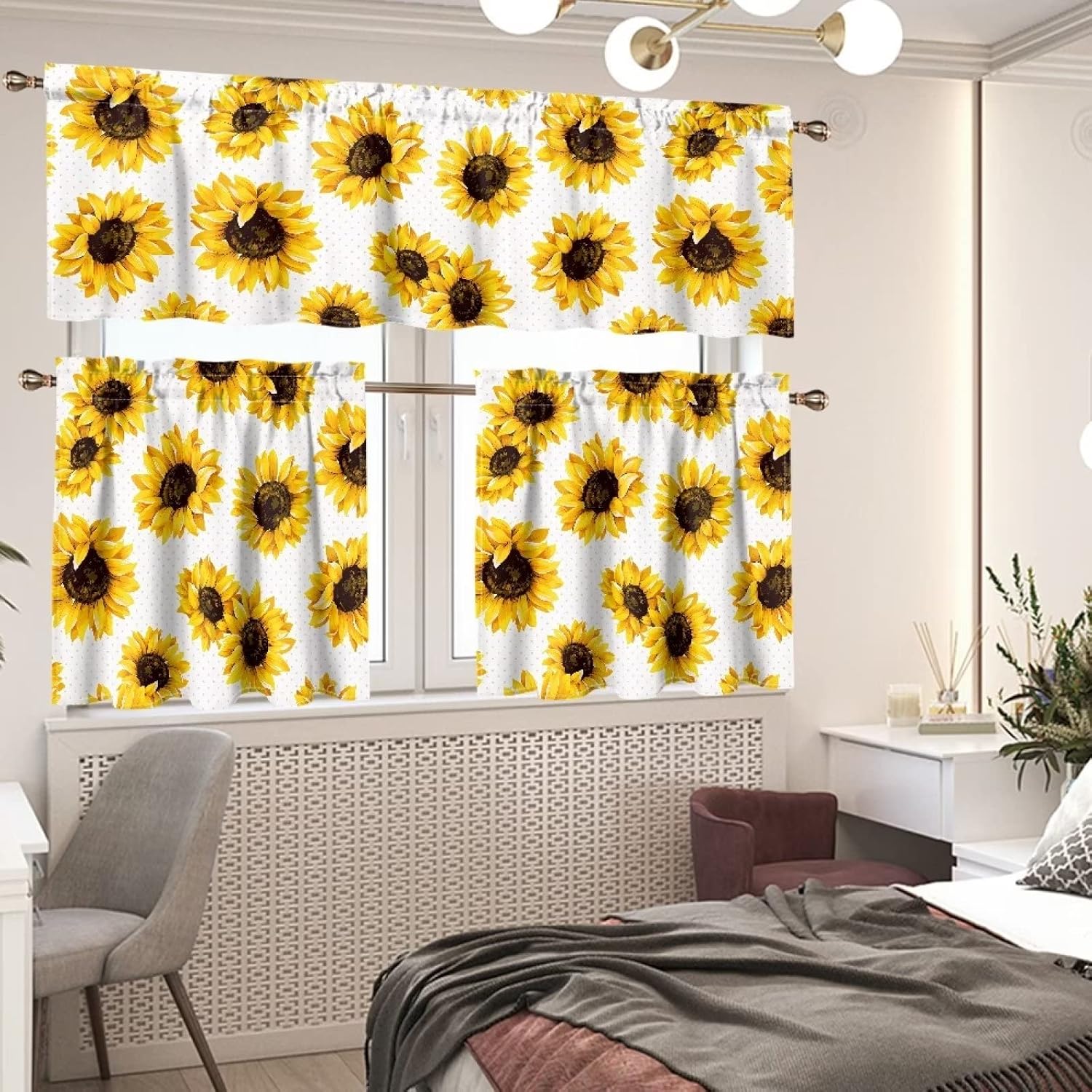Rod Pocket Curtains Valances and Tiers Set Yellow Sunflower Design 3 Pieces Kitchen Cafe Bedroom Valance and Tiers Sets Window Treatment Indoor Decorations