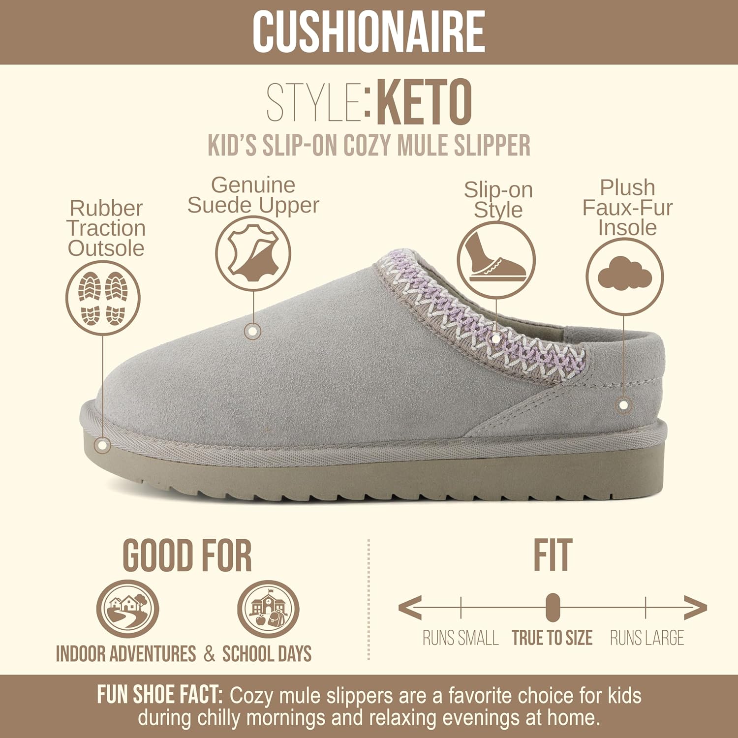 CUSHIONAIRE Keto Genuine Suede Leather Kids Slippers for Boys and Girls – Cozy Slip-On Mule House Shoes with Faux Fur Lining, Cushioned Memory Foam Comfort - Image 4