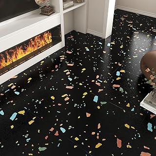 20 Pack Terrazzo Peel and Stick Floor Tile Waterproof Black Peel and Sti...