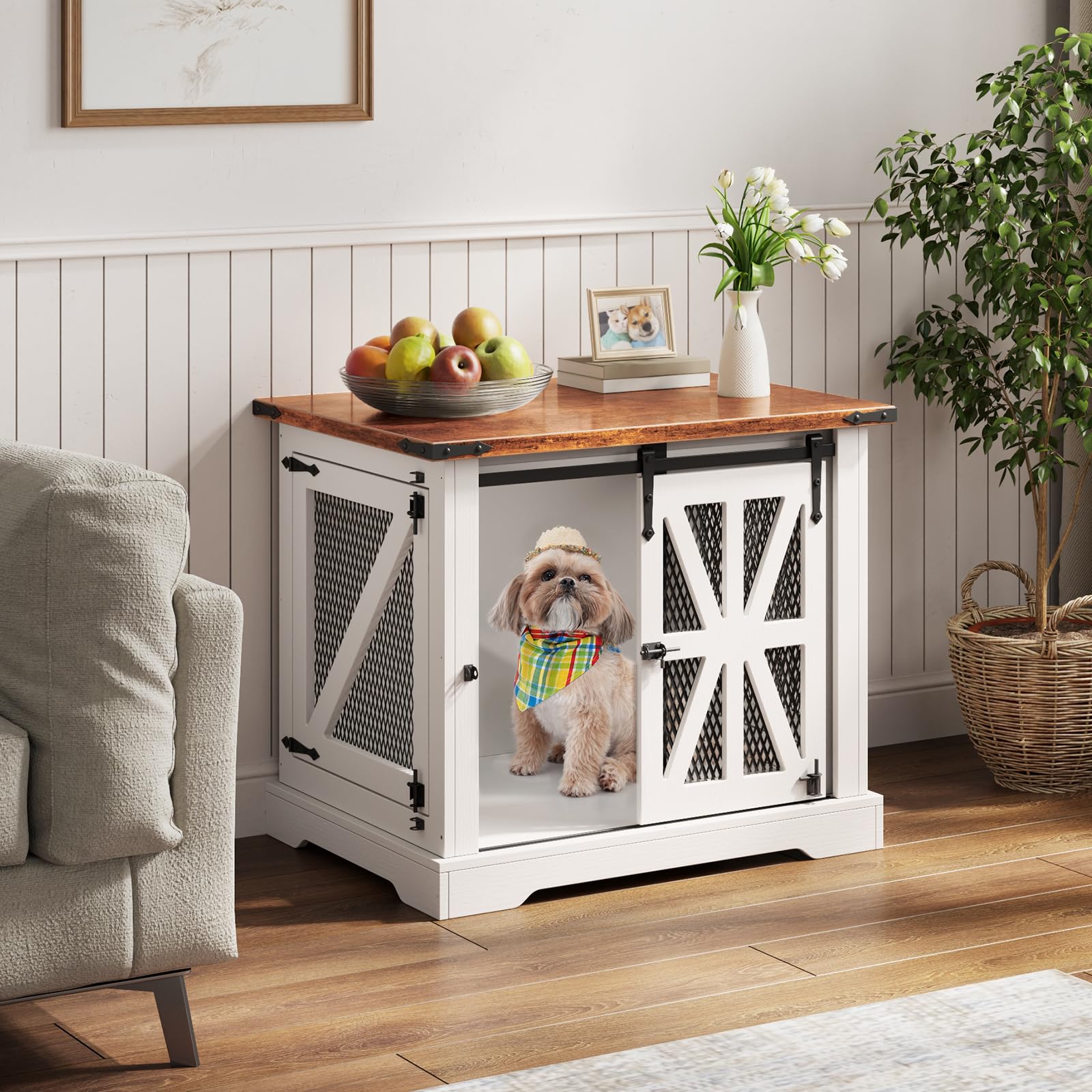 Hundekäfig, 73 cm Hundebox, Dreitüriger Hundekäfig für zu Hause, Schiebetür, Modernes Holz-Hundehäuschen, Geeignet für Kleine Hunde und Welpen, Verstärktes Design, Größe: 73x51x60 cm, Weiß