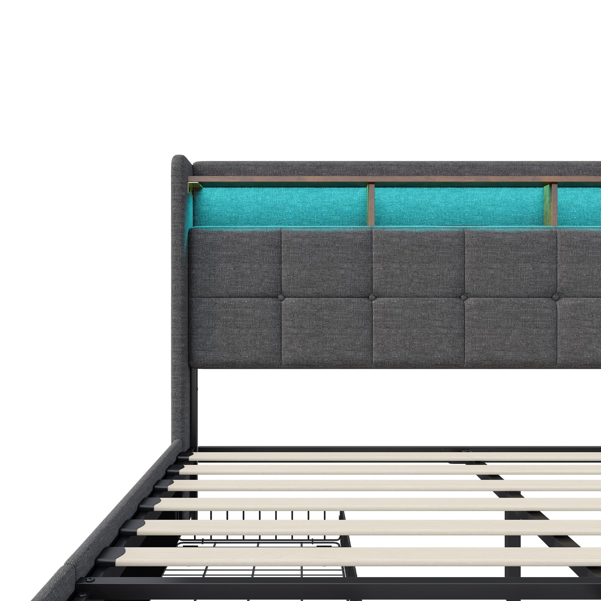 Letto imbottito, 160 x 200 cm, letto matrimoniale, letto funzionale con illuminazione a LED e funzione di ricarica USB, letto con 4 cassetti e rete a doghe, letto per giovani, con schienale