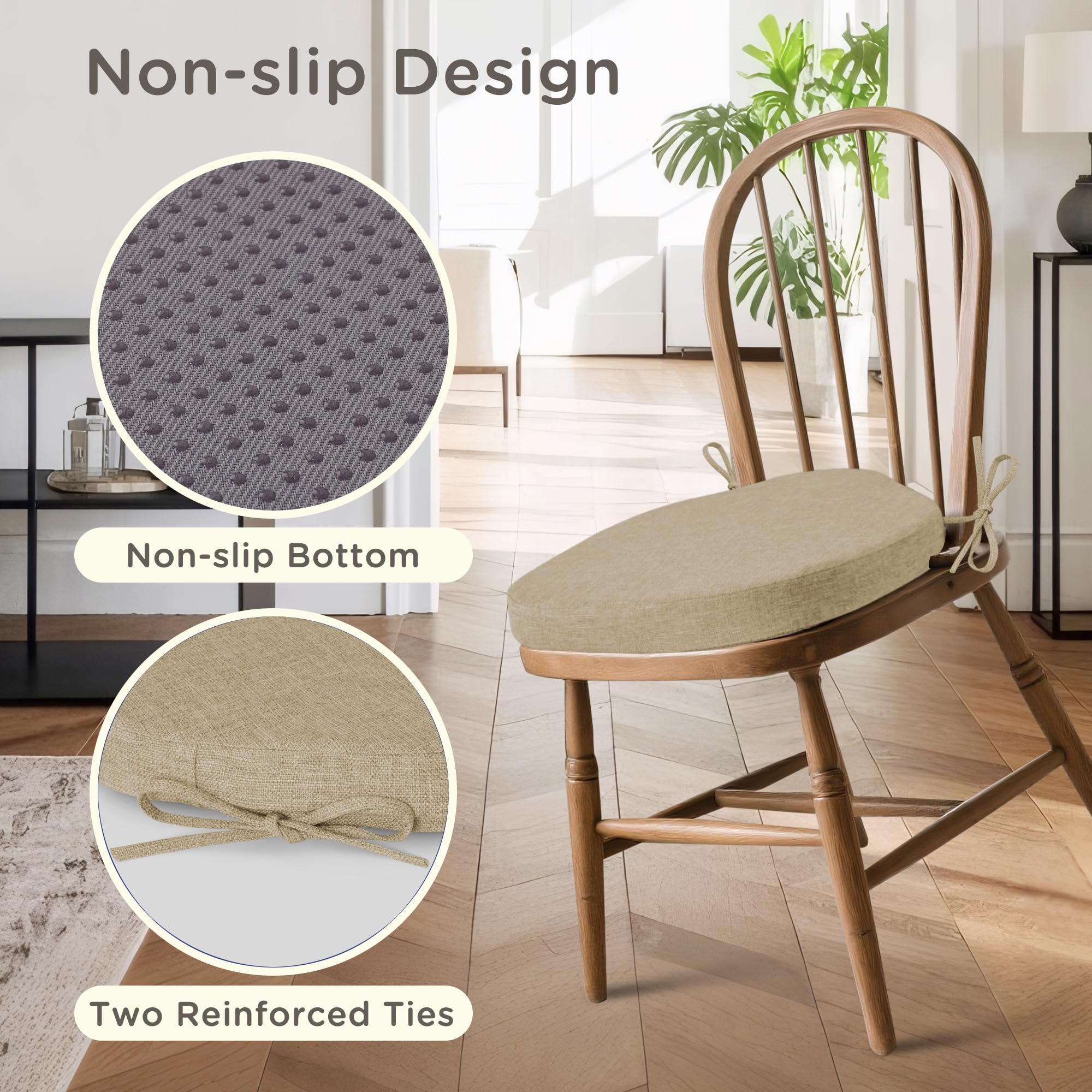 MineCozy Windsor Chair Cushions for Dining Chairs 4 Pack Non Slip Kitchen Seat Cushion with Ties and Washable Covers Indoor Comfortable Seat Pad with Thick Foam 16.5" x 15.5" x 2" Beige - Image 4