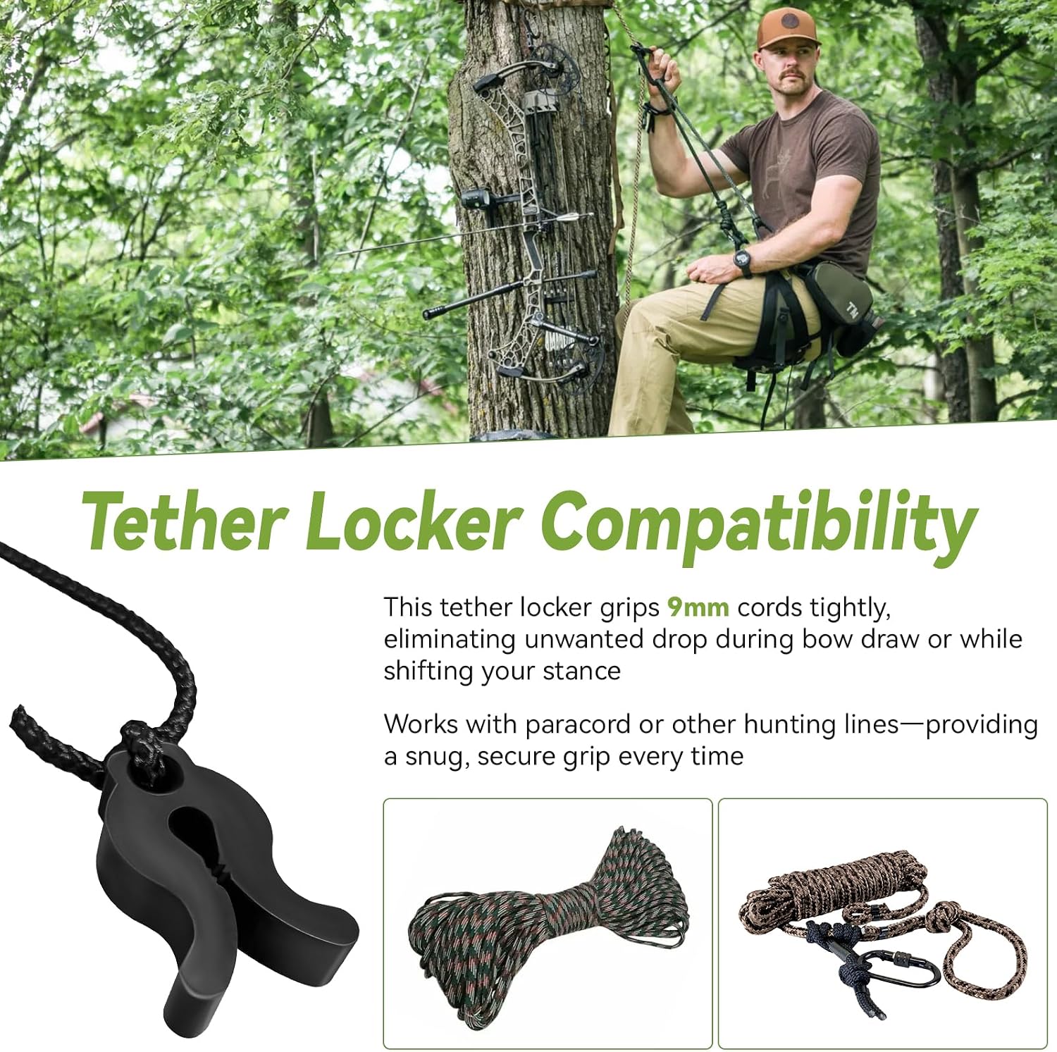 Saddle Hunting Tether Lock, Rope Stop Clip for 9mm Tethers, Lightweight | Treestand Saddle Bow Hunting Gear Accessory with Rope for Secure Tether Rope Positioning & Dropping Prevention ( Black )