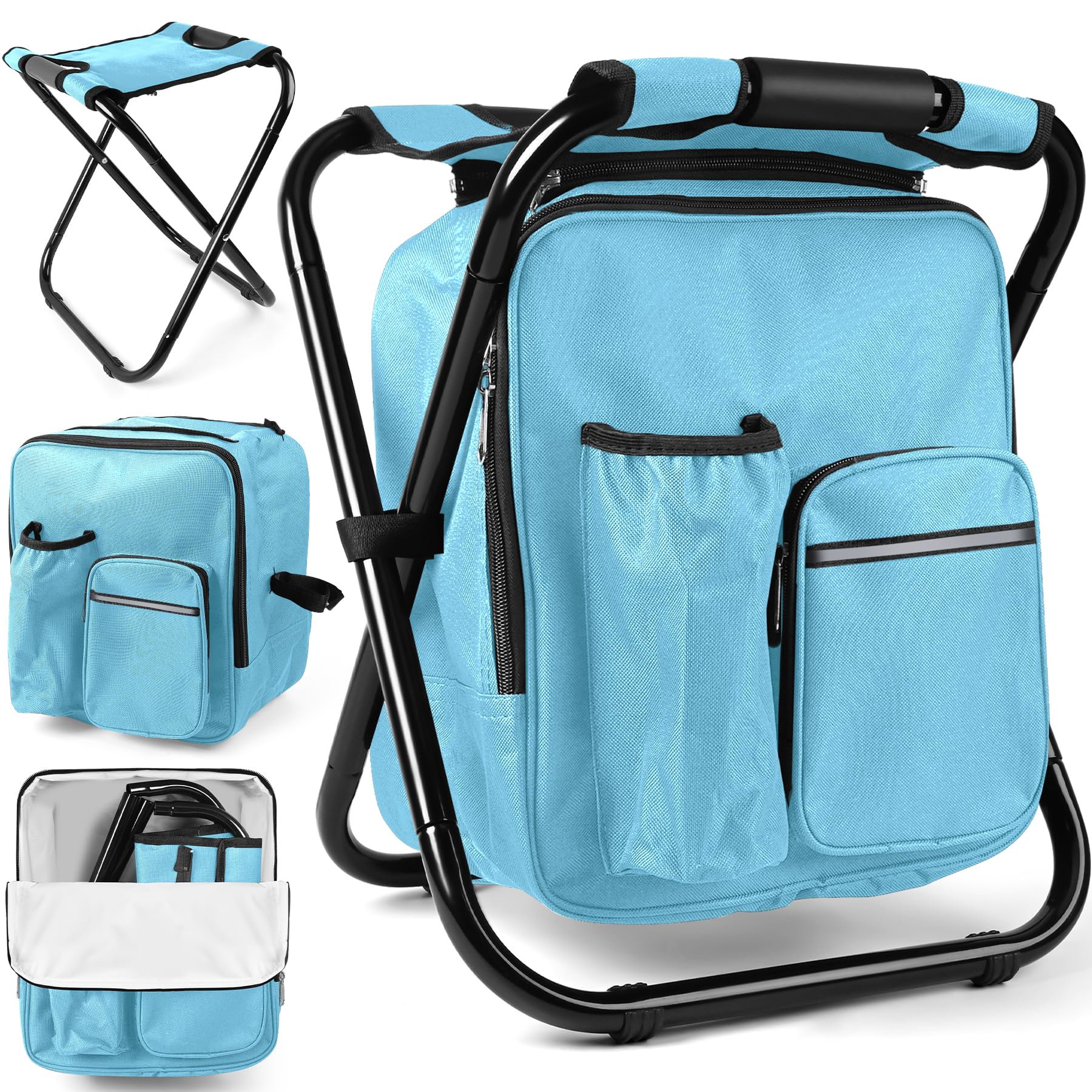 Kikerike Backpack Stool Cooler Chair Heavy Duty 200 LBS Max Load Portable Lightweight Folding Fishing Cooler for Camping Hunting Fishing - Sky Blue