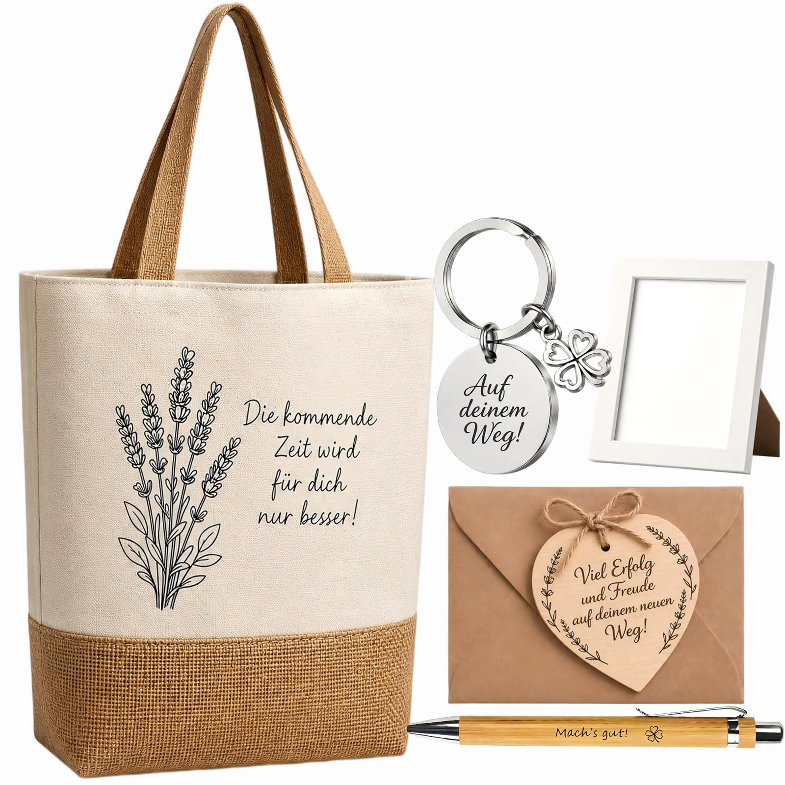 Abschiedsgeschenk Kollegin Jobwechsel, 6 Stück Geschenkset mit Jutebeutel, Bilderrahmen, Schlüsselanhänger, Holzherzkarte und Stift, Danke Geschenk für Kollegen & Freunde