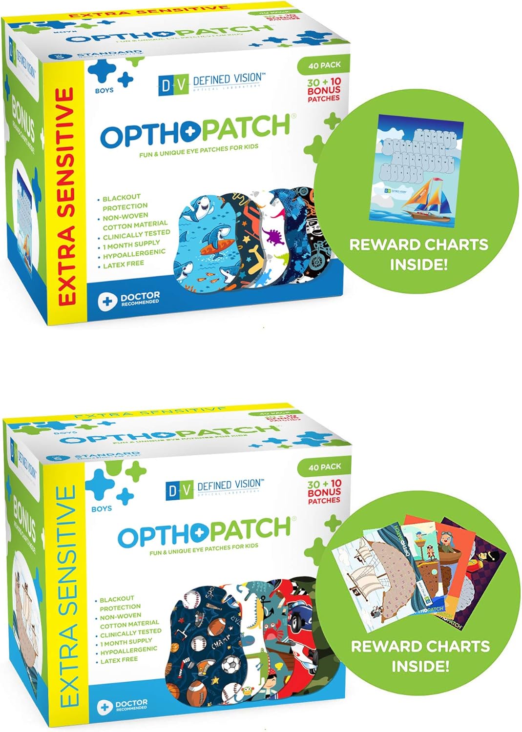 OPTHOPATCH Kids Eye Patches - Fun Boys Design - 30+10 Bonus Latex Free Hypoallergenic Cotton Extra Sensitive Adhesive Bandages for Amblyopia & Cross Eye by Defined Vision