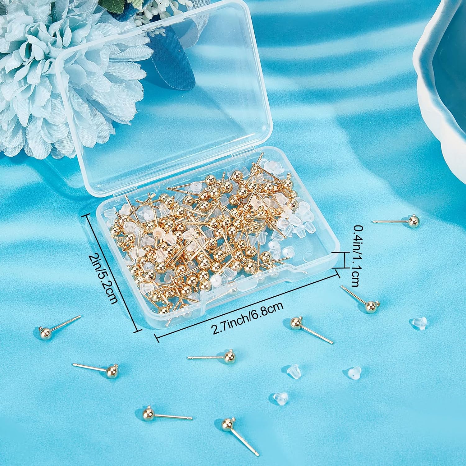 Beebeecraft 1 Box 100Pcs Ball Stud Earring Findings 18K Gold Plated Brass Earring Studs Posts with Loop 100Pcs Plastic Nuts for Jewelry Making