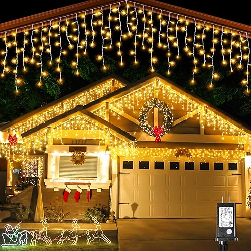 Luces de Navidad para exteriores, 132 pies, 1280 luces LED de carámbano para exteriores, enchufable, 8 modos, luces parpadeantes para decoraciones
