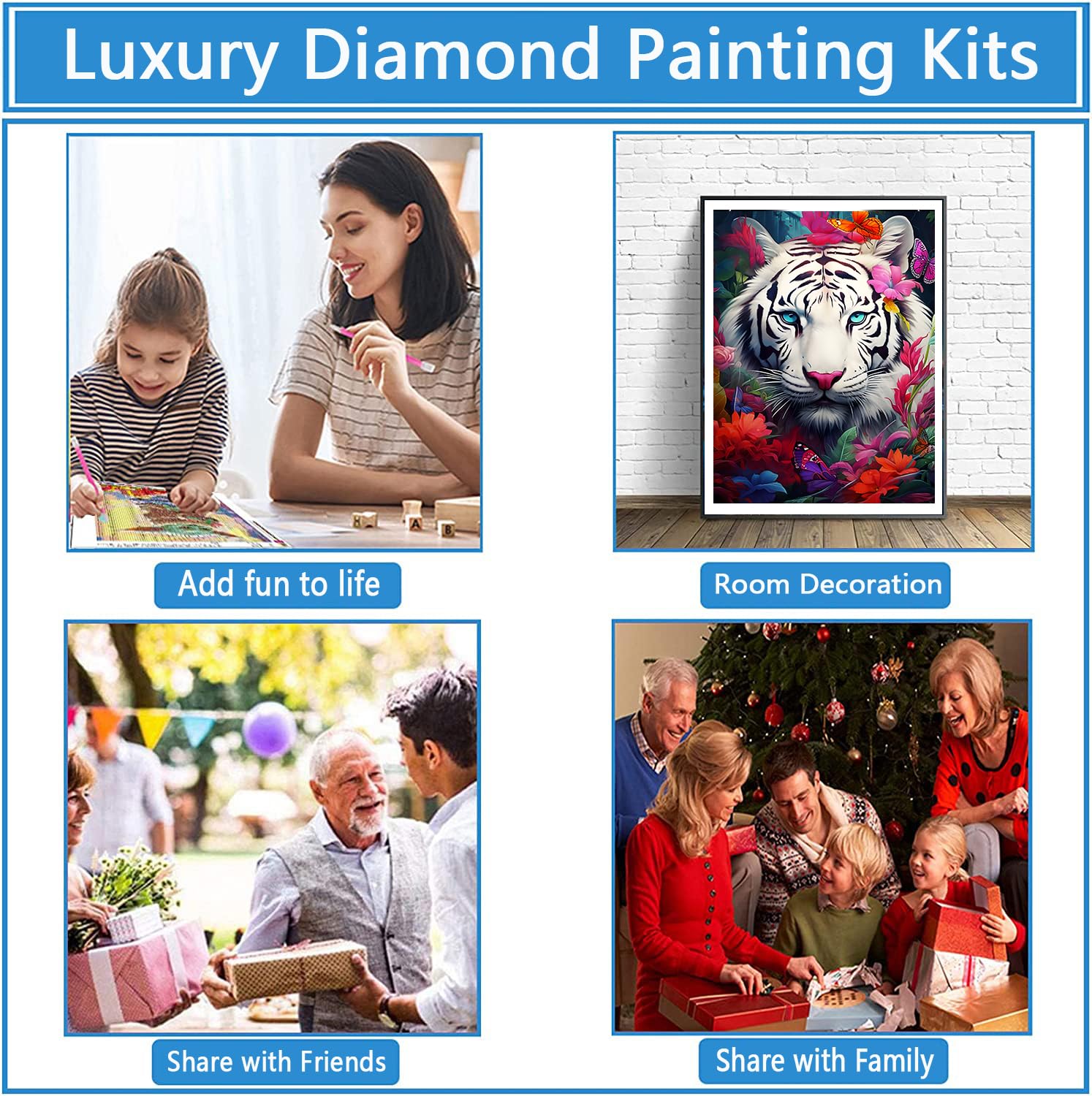 DPHERO 5D Tigre Mignon Diamond Painting Kits, DIY Fleurs Art Du Diamant Painting Kit Complet, Papillon Broderie Kits De Peinture Sur Diamant Point De Croix Painting Pour Adultes Débutants 30x40 Cm