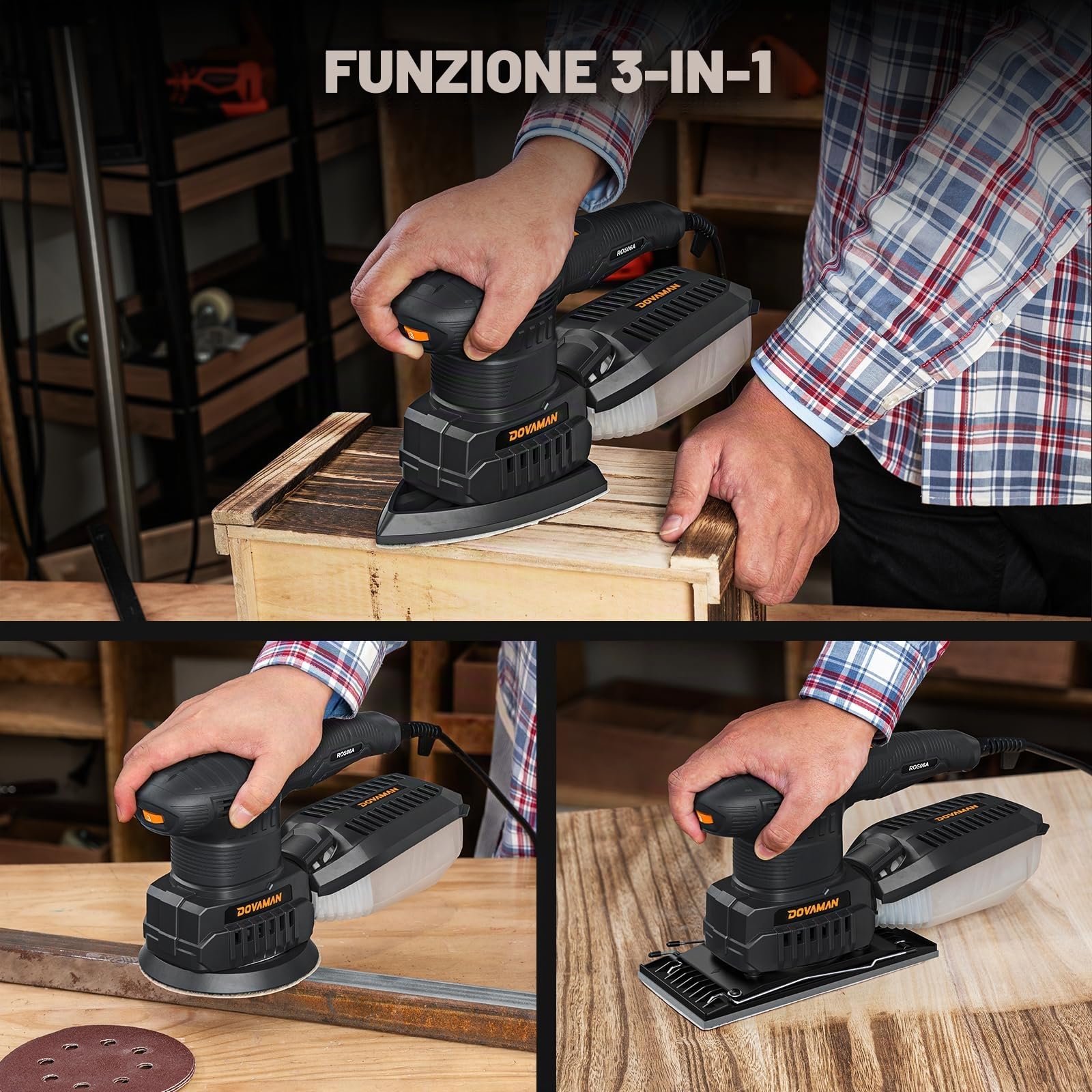 DOVAMAN ROS06A Levigatrice Multifunzione 3-in-1, 200W, 6 Velocità, 15 Carte Abrasive, Bassa Vibrazione, Aspirazione della Polvere, Levigatrice Mouse, Orbitale, Eccentrica per Legno e Acciaio