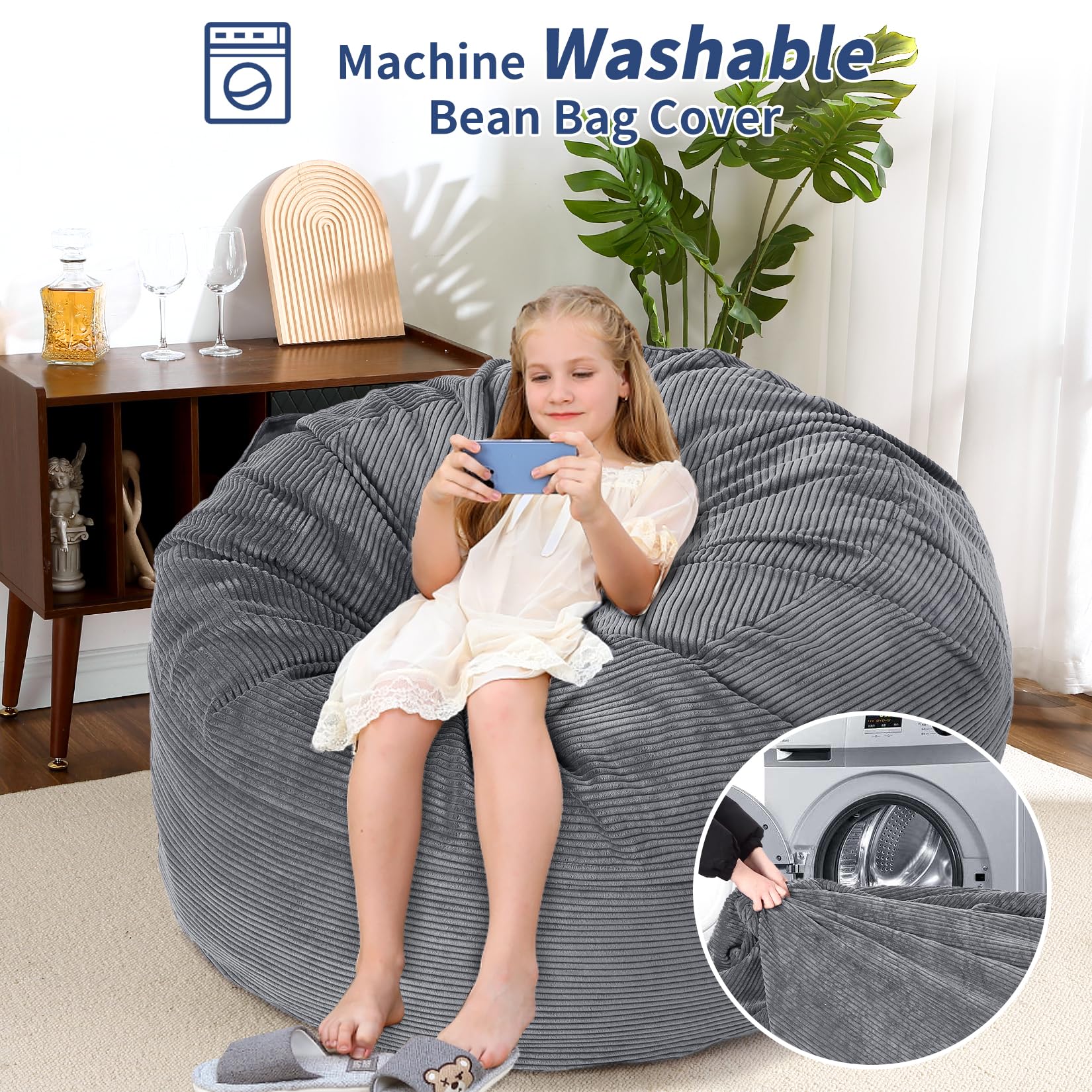 Sitzsack-Bett 200x150x25 cm, Umwandelbar Von XXL Sitzsack-Sessel Zu Bett, Mit Waschbarem Cordbezug, Komfortabler Schaumstoff-Füllung & Seitentasche, Für Wohnzimmer Schlafzimme Gaming, Hellgrau