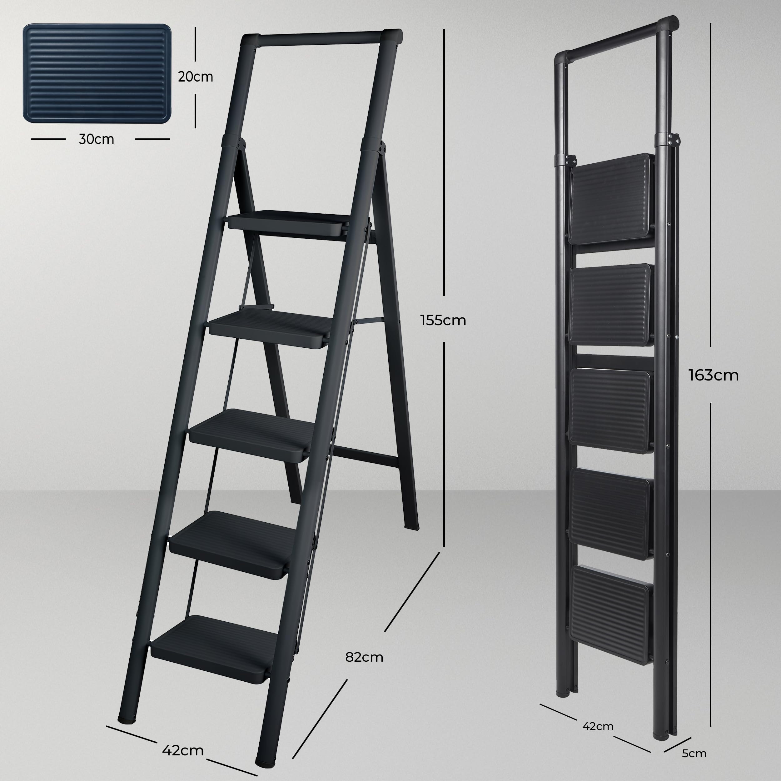 UZIRO Escalera Plegable 5 Peldaños, Antideslizante, Compacta, para Hogar Cocina Oficina