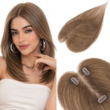 S-noilite Toupee for Women Clip-In Hair Toppers with Side Fringe 100% Real Hair for Thin Hair Top of Head Fluffy Hair Topper #4 Chocolate Brown 25 cm - 17 g